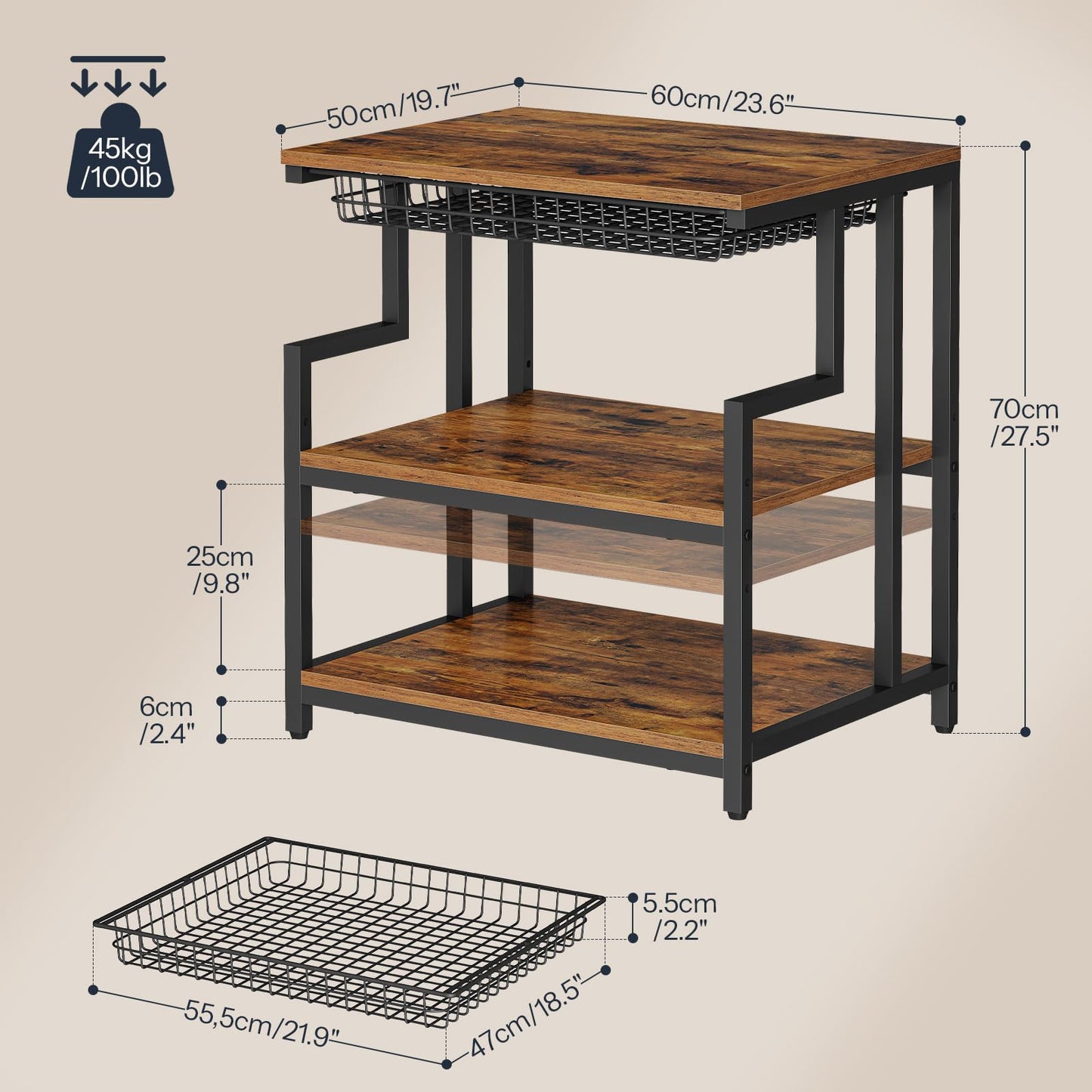 HOOBRO 23.6'' x 19.7'' Extra Large Printer Stand with Drawer, Printer Table with Adjustable Shelf, 3-Tier Printer Cart with Storage, for Heat Press Scanner Fax, Rustic Brown and Black BF10PS01