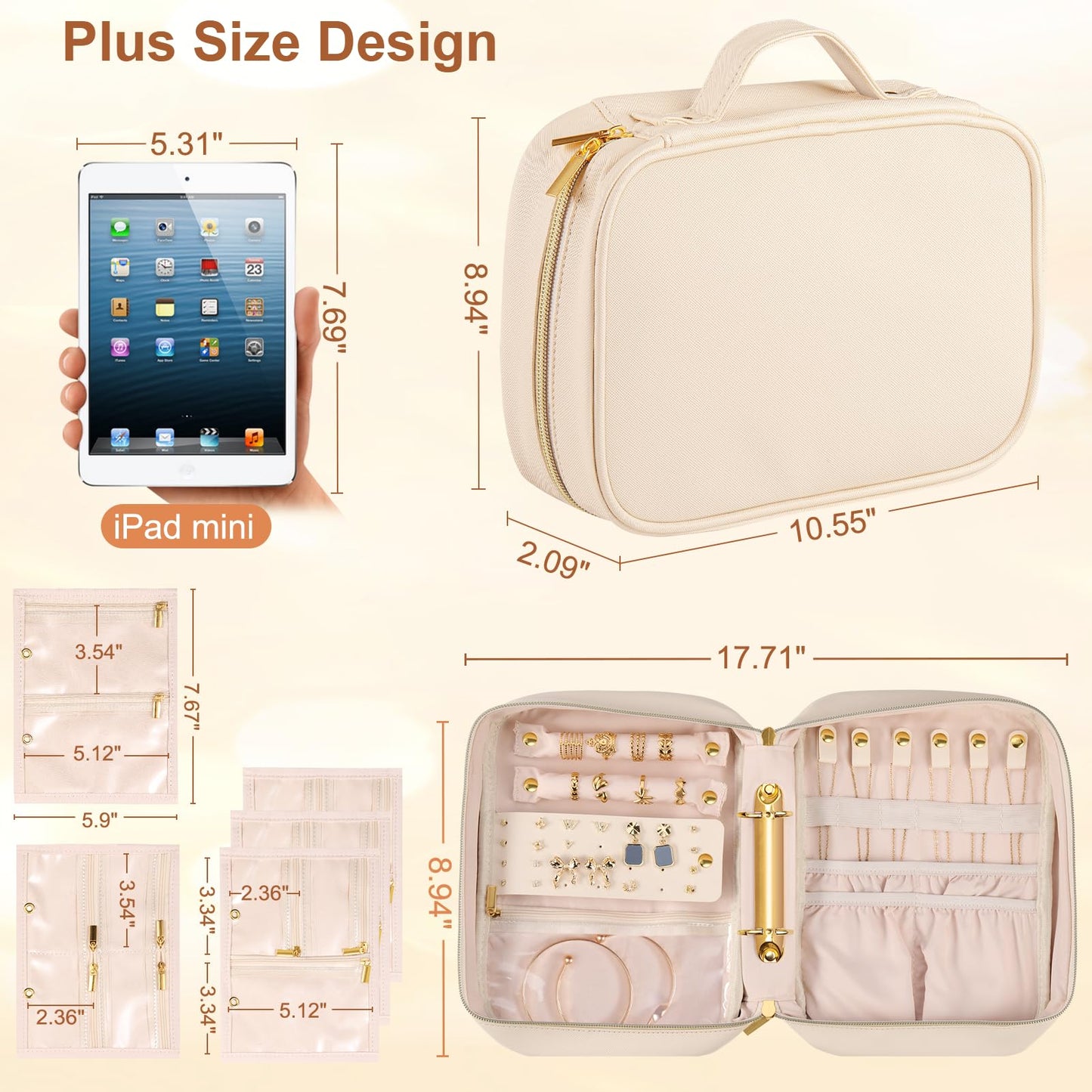 Vutlue Travel Jewelry Case Organizer for Women, Jewelry Storage Book with Small Pouch, Travel Jewelry Bag Case for Traveling Necklace, Earrings, Rings, Bracelet Organizer (Beige)