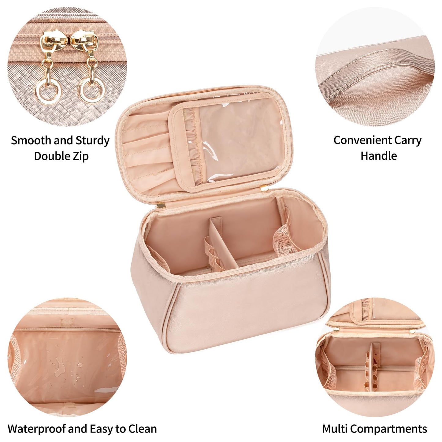OCHEAL Large Makeup Bag, Makeup Bag Organizer Cosmetic Bags for Women Travel Travel Toiletry Bag Make Up Bag with Divider and Handle for Cosmetics Toiletries Brushes Tools Storage -Rose Gold