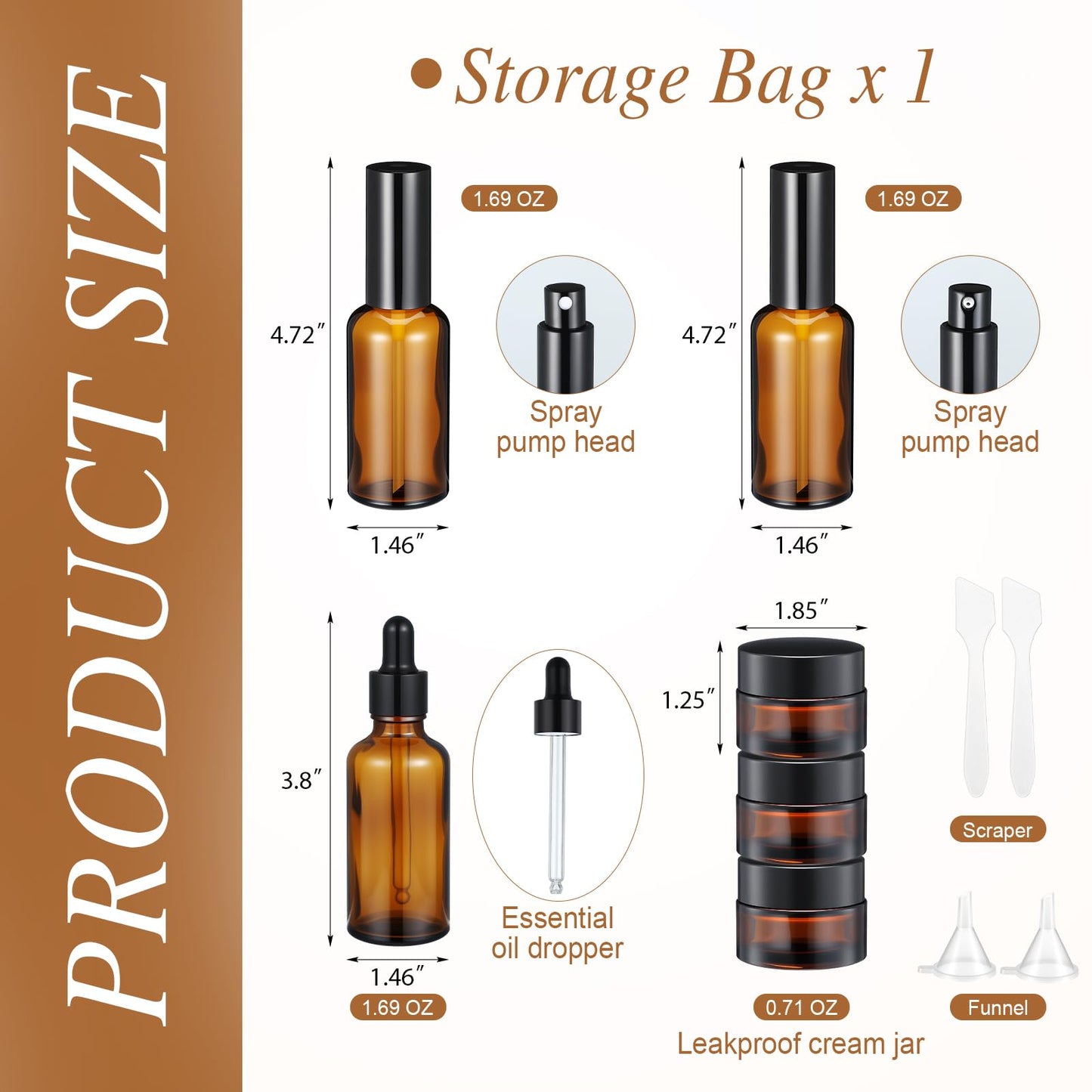 Qiyaz 11 Pcs Glass Travel Bottles with Clear Hard Zipper Case Skin Care Containers Travel Size Mini Makeup Containers Tsa Approved with Pump Spray for Liquid Toners Serum Cream(Brown,Style 2)