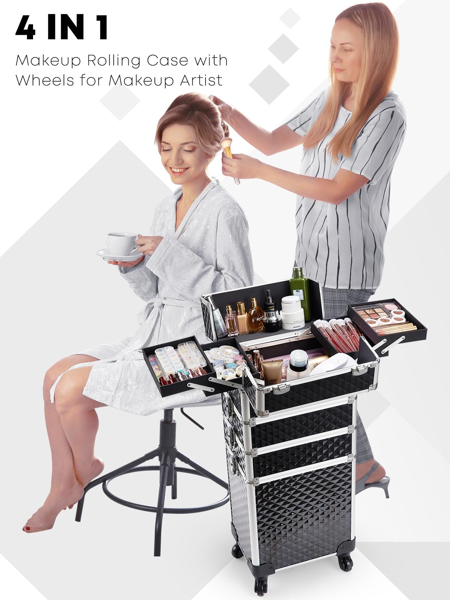 Adazzo Rolling Makeup Train Case 4-in-1 Transformable Cosmetology Case on Wheels, Large Makeup Cart with 4 Extendable Trays, Lockable Nail Supply Storage, Travel Makeup Case for Professionals