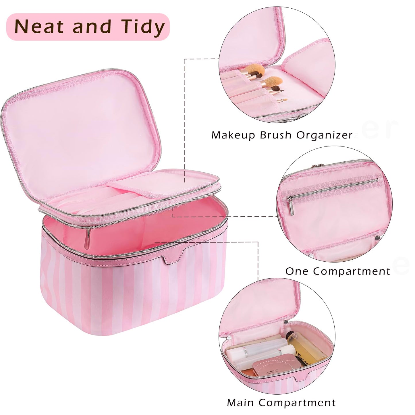 RSRSLEII Large Waterproof Double Layer Travel Makeup Bag, Aesthetic Nylon Striped Cosmetic Case，Coquette Traveling Toiletry Bag With Handle，Ideal for Women and Girls(01Top Open)