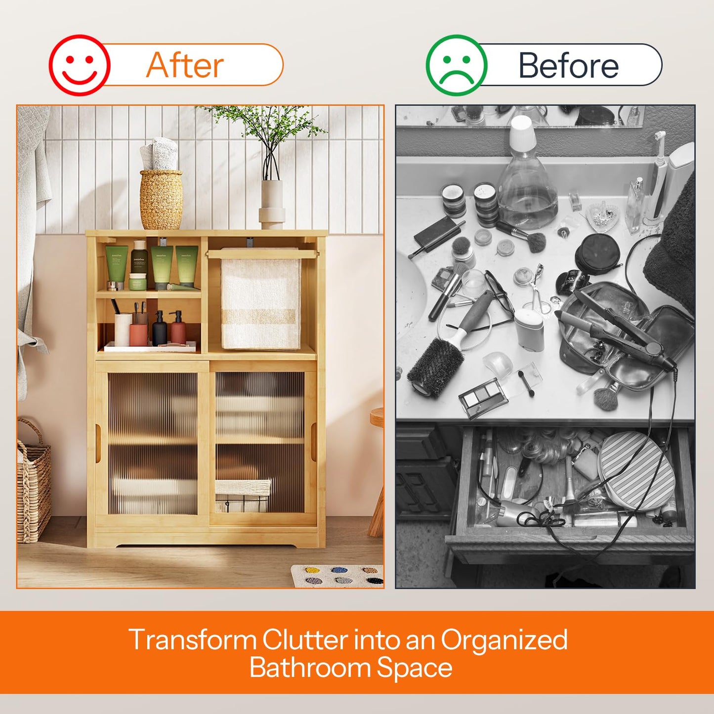 HOOBRO Bathroom Floor Cabinet, Small Bathroom Cabinet with 2 Doors, Floor Storage Cabinet, Bamboo Organizer Cabinet with Adjustable Shelves for Living Room, Dining Room, Entryway, Natural