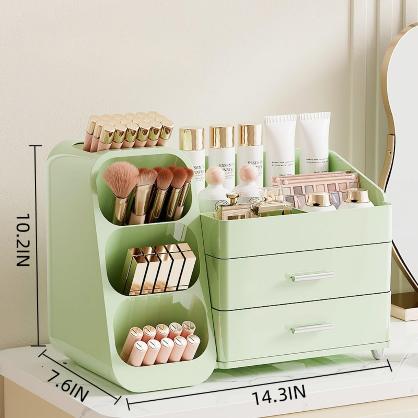 Booklov Makeup Organizer for Vanity, Large Capacity Cosmetic Display Case with Drawers, Countertop Beauty Storage Holder for Skincare, Brush Eyeliner Perfume Eyeshadow Lipsticks, Counter Desk, Green