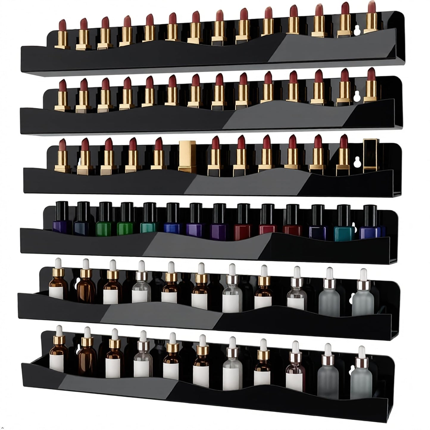 Nail Polish Wall Rack, 6-Shelf 15-Inch Black Acrylic Nail Polish Shelves with Removable Ends – Multi-Purpose Shelf for Essential Oils, Cosmetics Storage and Display for Salons and Bathrooms