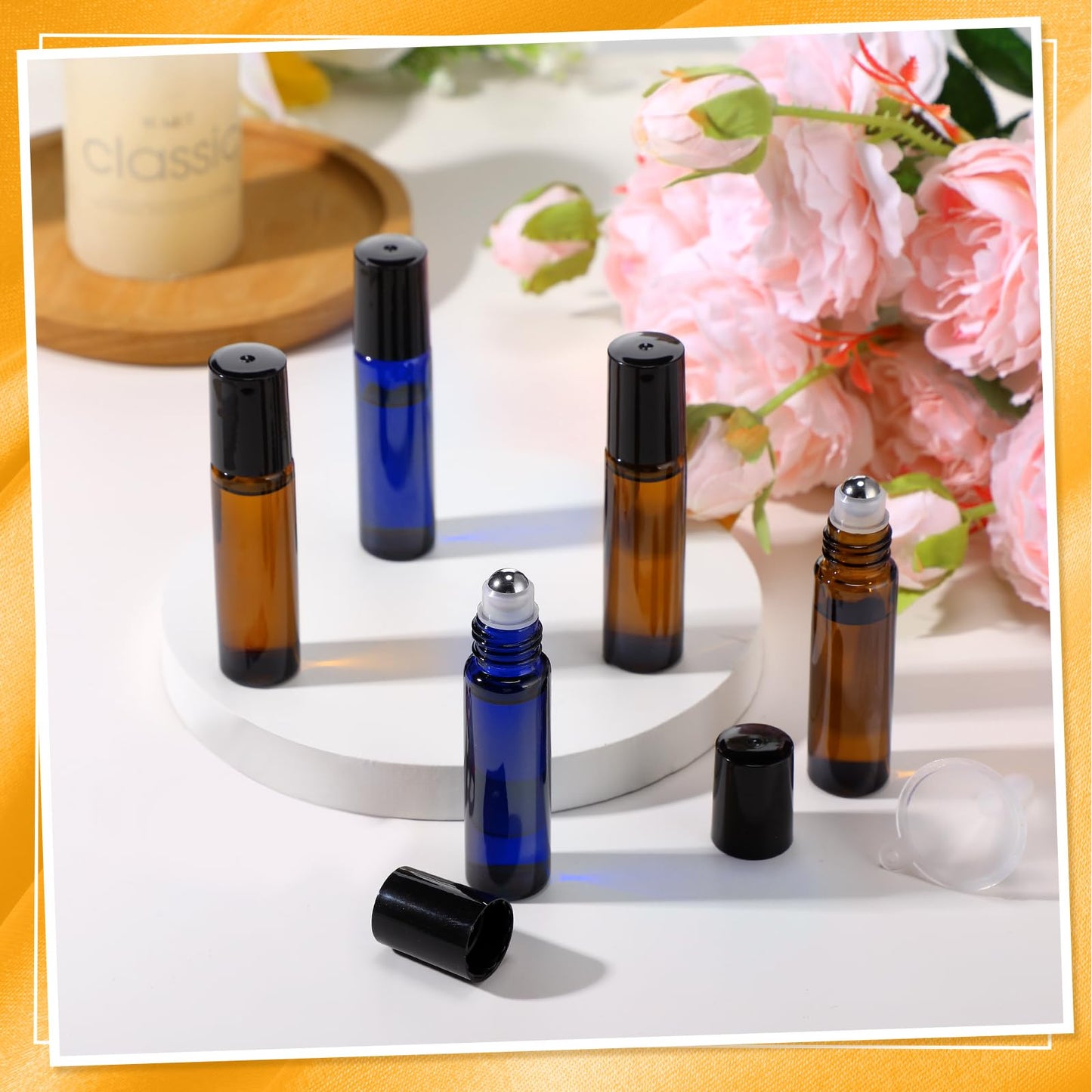 SEEWEY 96 Pcs Essential Oil Roller Bottles 10ml Empty Glass Roller Bottles with Stainless Steel Balls Protection Leakproof with 5 Funnel for Travel Perfume Lip Gloss(Amber, Blue)