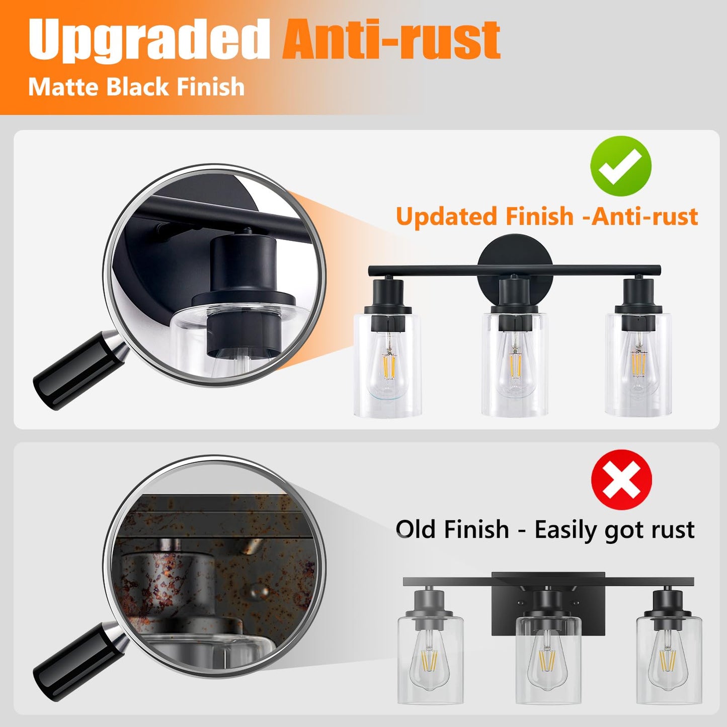 DLLT 3-Light Bathroom Light Fixtures: 18.51" Black Modern Vanity Lights with Clear Glass Shade - Bathroom Wall Lamp for Mirror Kitchen Living Room Hallway Cabinet Porch