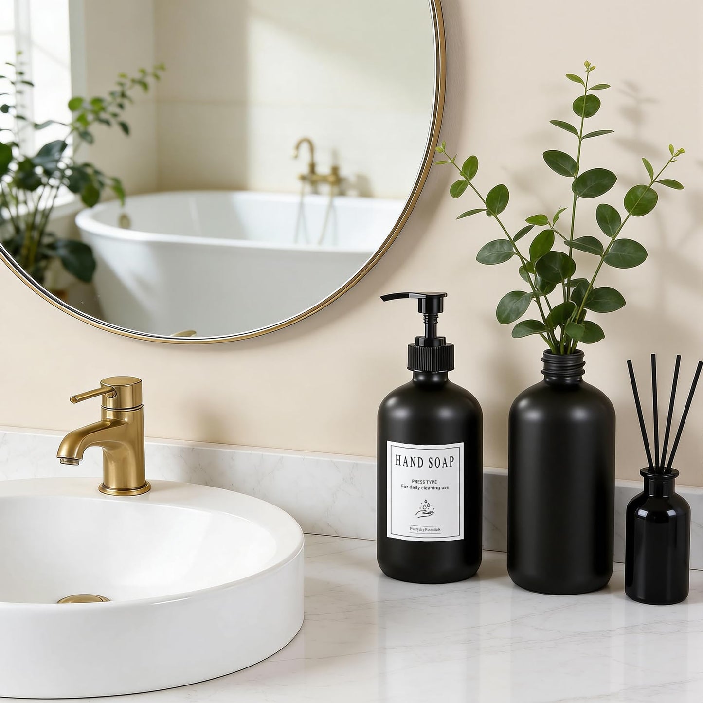 TBWIND 12 Pack 16oz Black Glass Soap Dispenser Bottles with Pumps, Refillable Glass Bottles for Shampoo, Conditioner & Lotion, Ideal for Bathroom, Kitchen, Waterproof Labels & Funnels Included