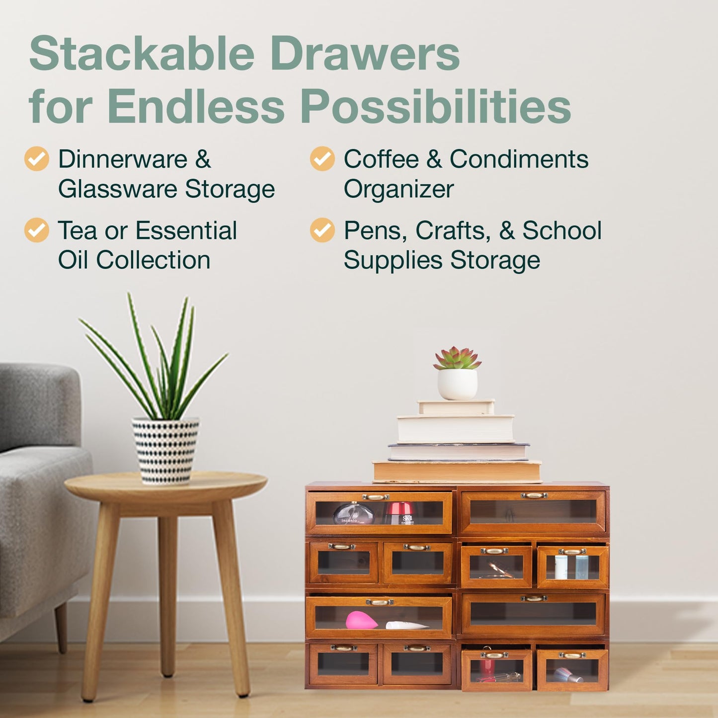 Modular Stackable Fully Assembled Set of 4 Storage Drawers - 12 Drawer See-Through Display Cabinets - 4-Level Desktop Organizer - Wood Box w/Metal Handle Collectible Card Bedazzling Decluttering
