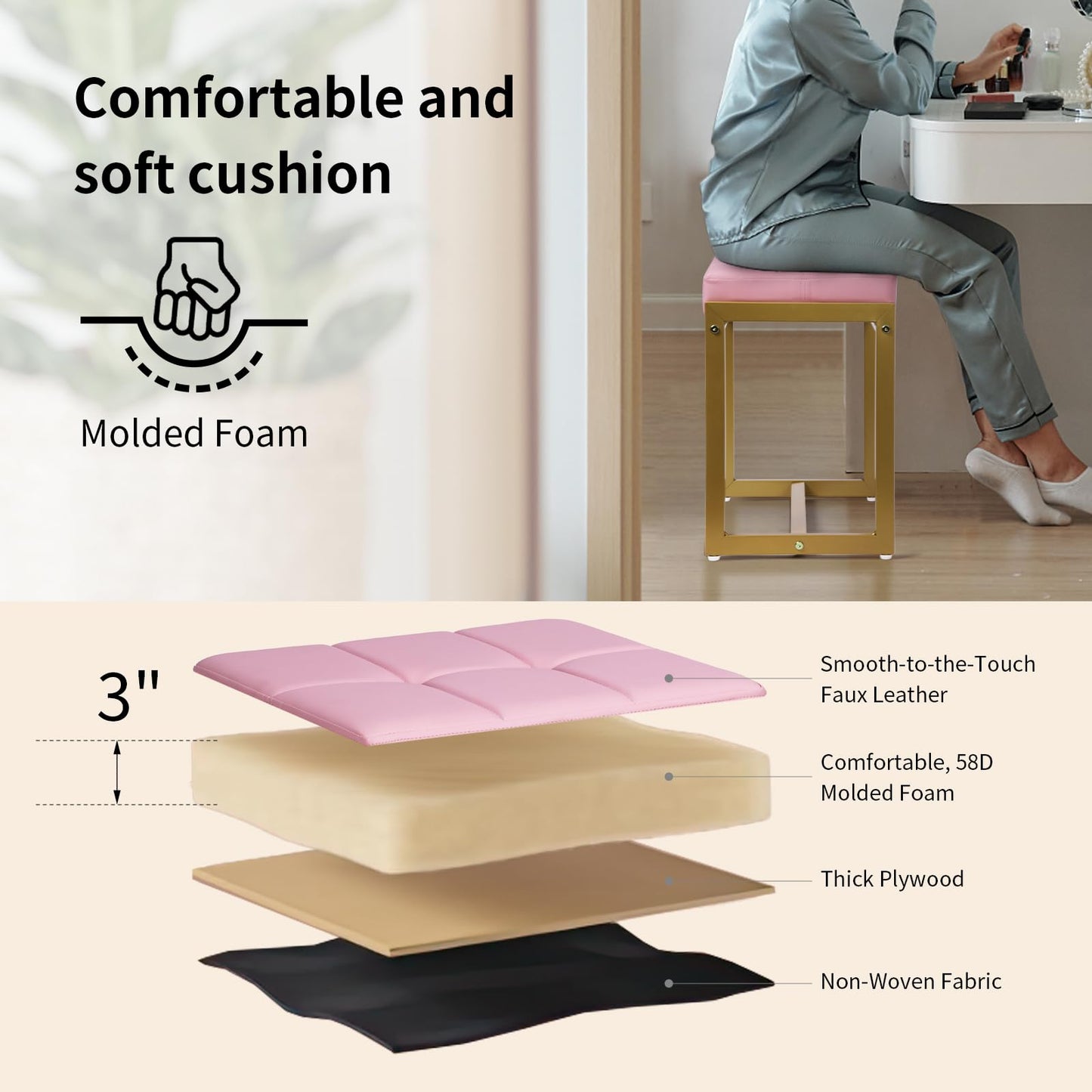 FLYZC Vanity Stool, Pink Small Vanity Stools Chair, Square Cushion Makeup Chairs for Vanity, Metal Foot Stool Ottoman Seat for Bedroom Makeup Living Room, Pink & Gold