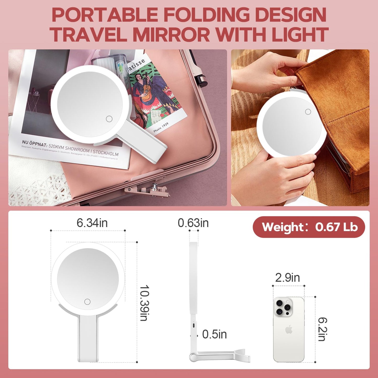 MIYADIVA Lighted Makeup Mirror, 30X Magnifying Mirror with Light and Adjustable Brightness, Hanging and Handheld Mirror with Handle, Portable Travel Makeup Mirror with Lights, Vanity Mirrors for Women