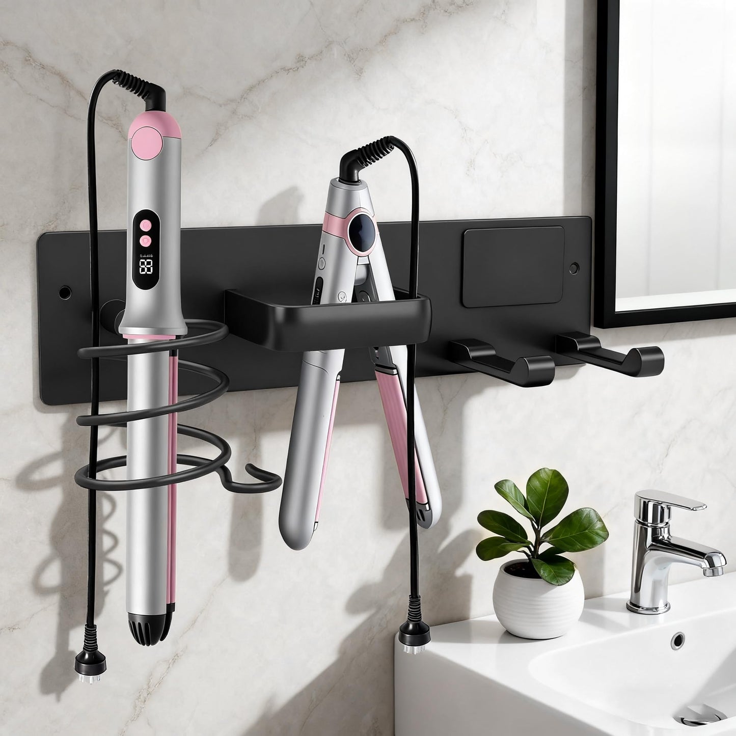 Dovyn Blow Dryer Holder Wall Mount, 3 in 1 Bathroom Hair Tool Organizer with Curling Iron Holder & Flat Iron Holder, Universal Hair Dryer Holder Rack Storage Matte Black