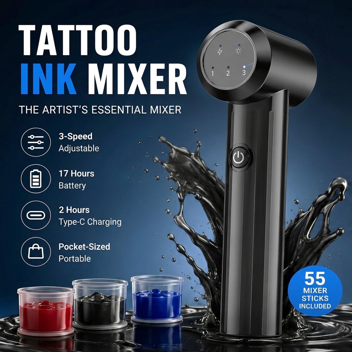 Emalla Tattoo Ink Mixer Machine Kit with 55pcs Ink Mixer Sticks Adjustable 3-Speed Tattoo Mixer for Ink 17 Hours Running Time Pigment Machine Portable Fast Electric Ink Mixer for Tattoo Supplies