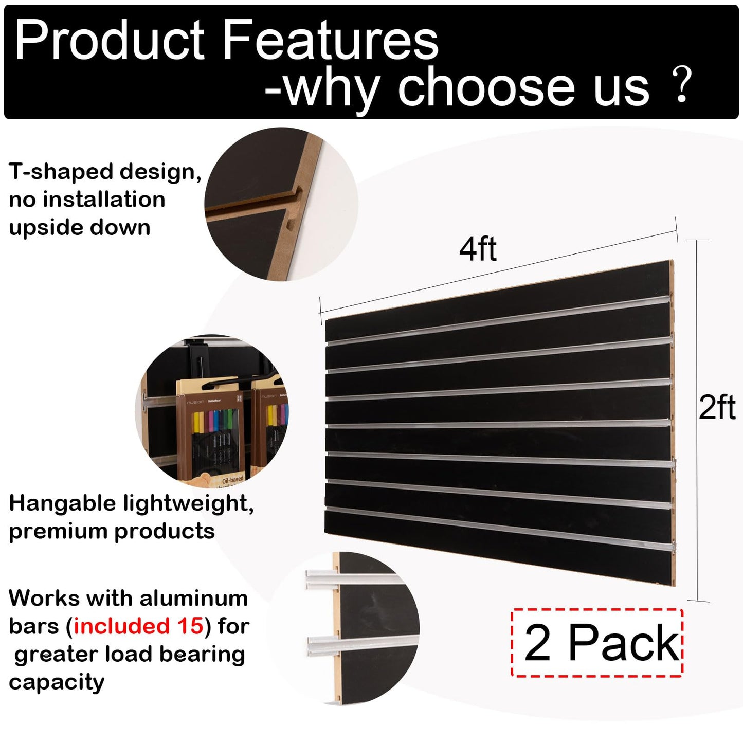 Slat Wall Paneling for Retail Display with Aluminum Reinforcement Strip, Black Garage Slatwall Storage Systems 4’x4’ MDF Slatwall Panels, Shiplap Wall Paneling Slat Board Garage Slatted Panels