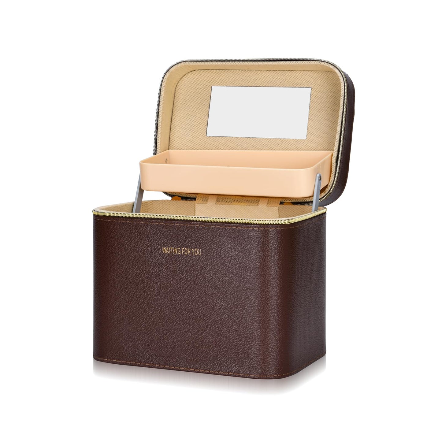 Sluxa Luxury brown makeup box, Portable leather hard cosmetic case with mirror, Sturdy train case make up box for women adults. (Double-layer-Brown)