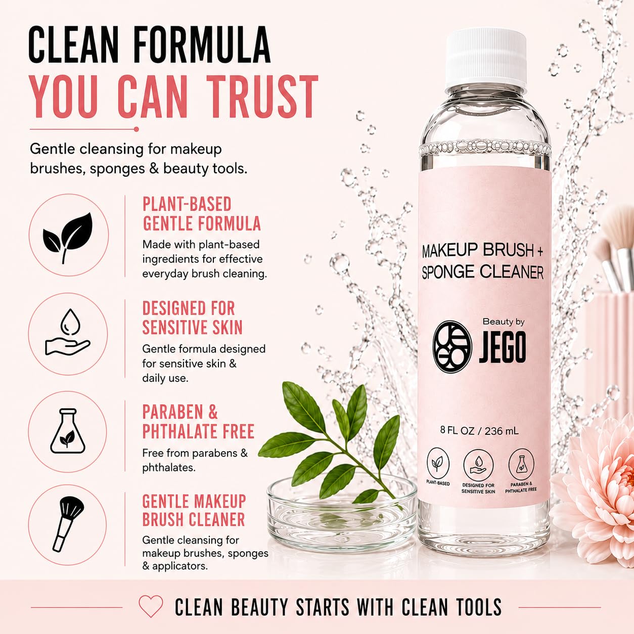 JEGO Makeup Brush Cleaner Solution - Sponge Cleaner - Make Up Brush Liquid Cleanser - Hypoallergenic & Plant-Based Solution Removes Makeup, Dirt, & Oil - 8 Oz (1 Bottle + Bowl)