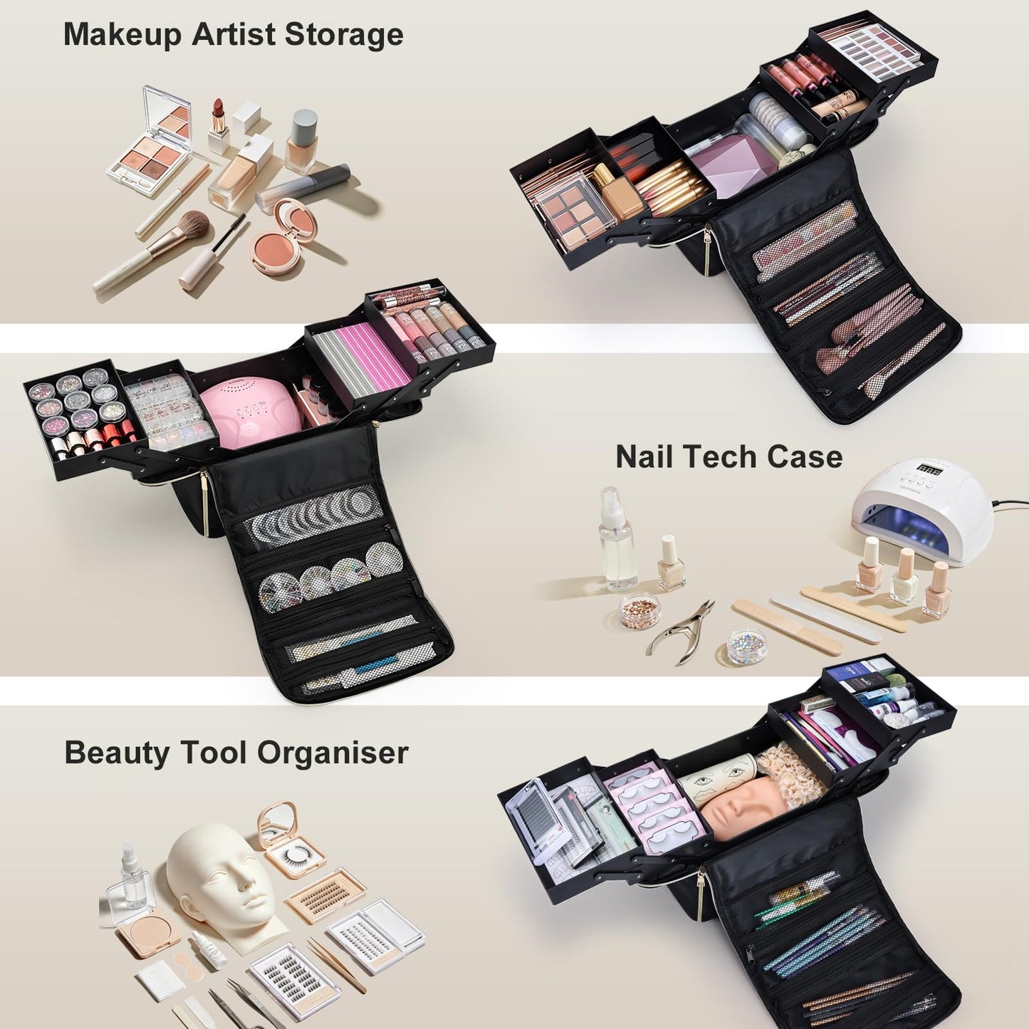 Yueieoun Large Travel Makeup Train Case, Big Makeup Bag Organizer Makeup Box,4 Tier Professional Cosmetic Storage Cases for Nail Tech Tattoo Storage Bag for Equipment and Supplies with luggage Sleeve