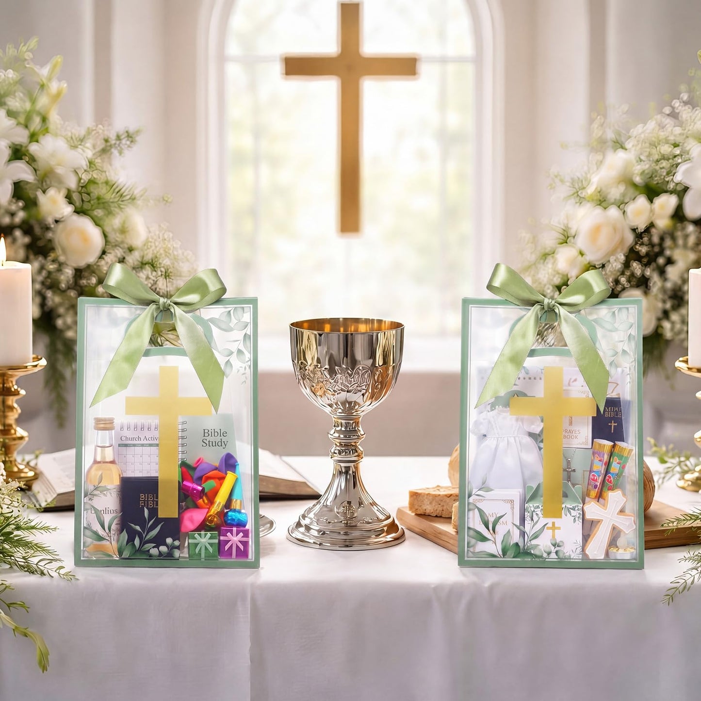 Gilprop 20 Pcs Religious Baptism Party Favor Bags Clear Gift Bags with Handles Ribbon for First Communion, Gold Cross Religious Christening Church Christian Baptism Supplies, 10 x 7 Inch (Green)