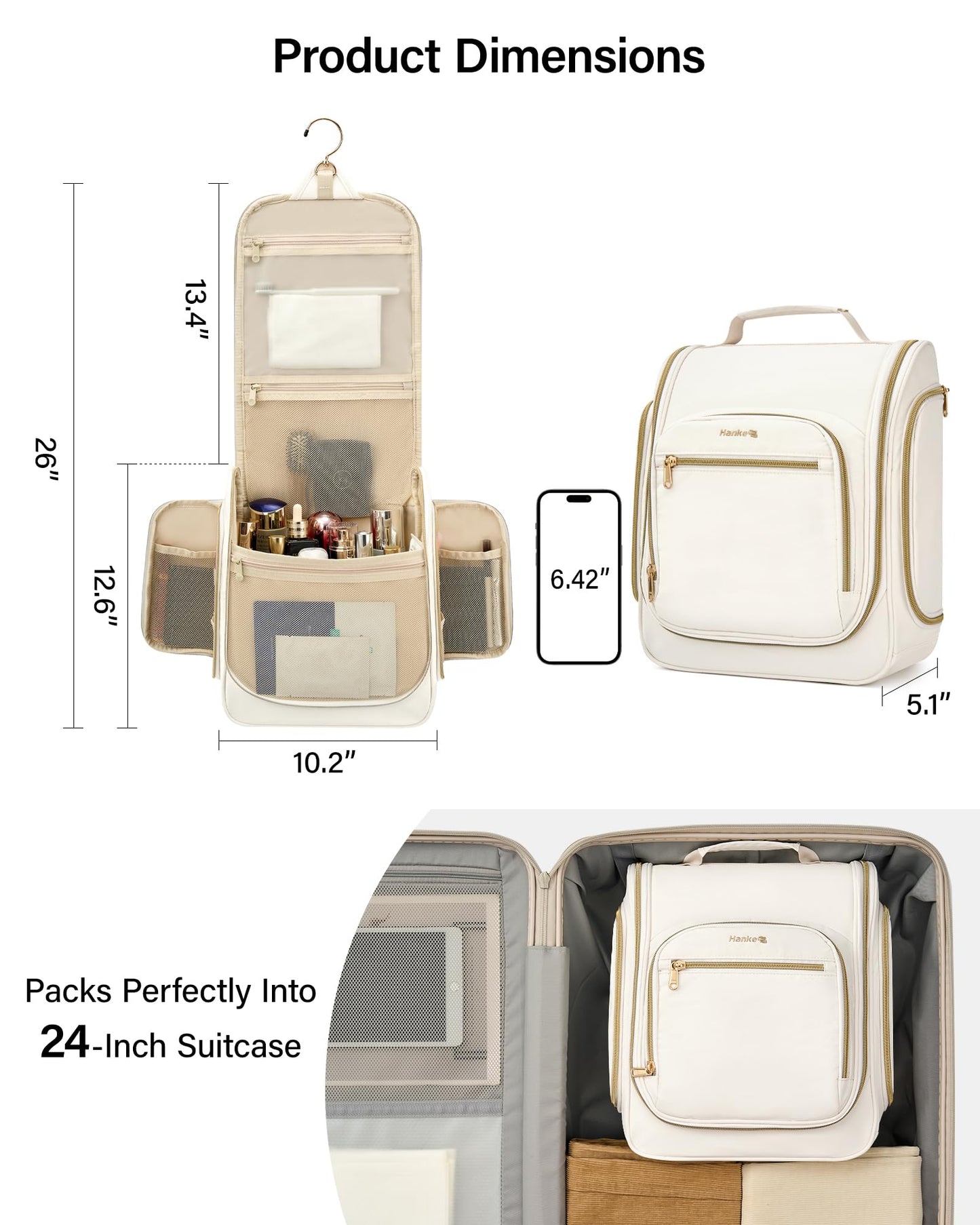 Hanke Hanging Travel Toiletry Bag for Men and Women, Water-Resistant Toiletries Bag Makeup Organizer with Hook, Cosmetic Bag for Bathroom & Travel Essentials Accessories, Off White