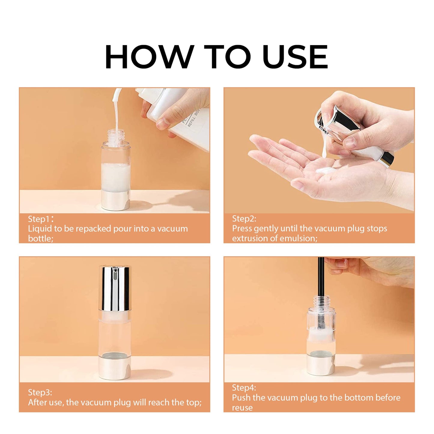 longway Silver Airless Cosmetic Cream Pump Bottle Travel Size Dispenser Refillable Containers（1oz/30ml,pack of 6