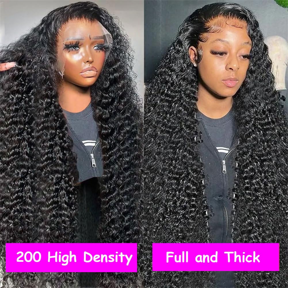 Rozilo 30 Inch Deep Wave Lace Front Wigs Human Hair 200 Density 13x4 HD Lace Frontal Wigs Human Hair Pre Plucked Deep Curly Glueless Wigs Human Hair for Women Natural Black