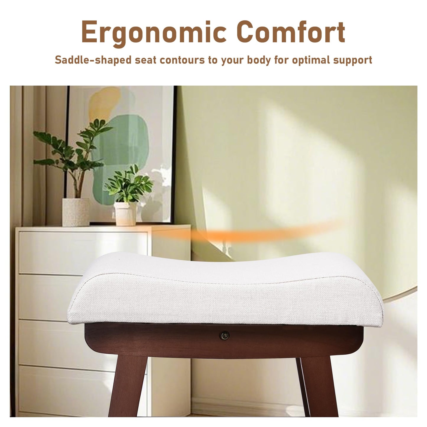 AurnaGle Wood Vanity Stool Chair, 17.7 Inch Compact Makeup Chairs with Saddle Cushion, Linen-Covered High Rebound Sponge Seat, Easy Assembly Footstool for Bedroom, Entryway, Home, Walnut Ottomans