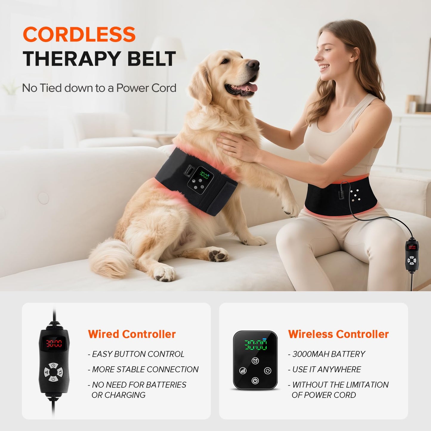 2-in-1 Cordless Red Light Therapy Belt, Wired & Wireless Controller 3000mAh Rechargeable Battery Magnetic LED Screen, 49" * 7" Wearable 660nm & 850nm Red Light Therapy Wrap Belt for Body