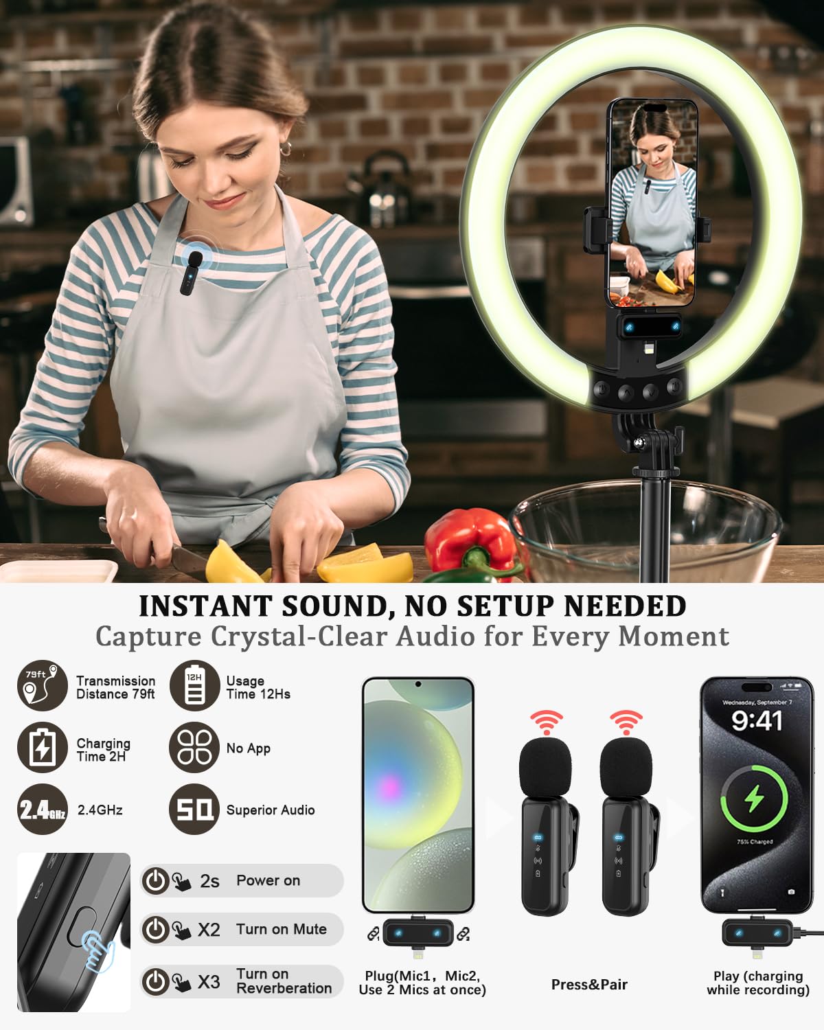 Vlogging Kit for iPhone/Android, 10” Ring Light with Stand, 74” Tripod for iPhone with Light, Microphone, YouTube Starter Kit for TikTok Content Creator