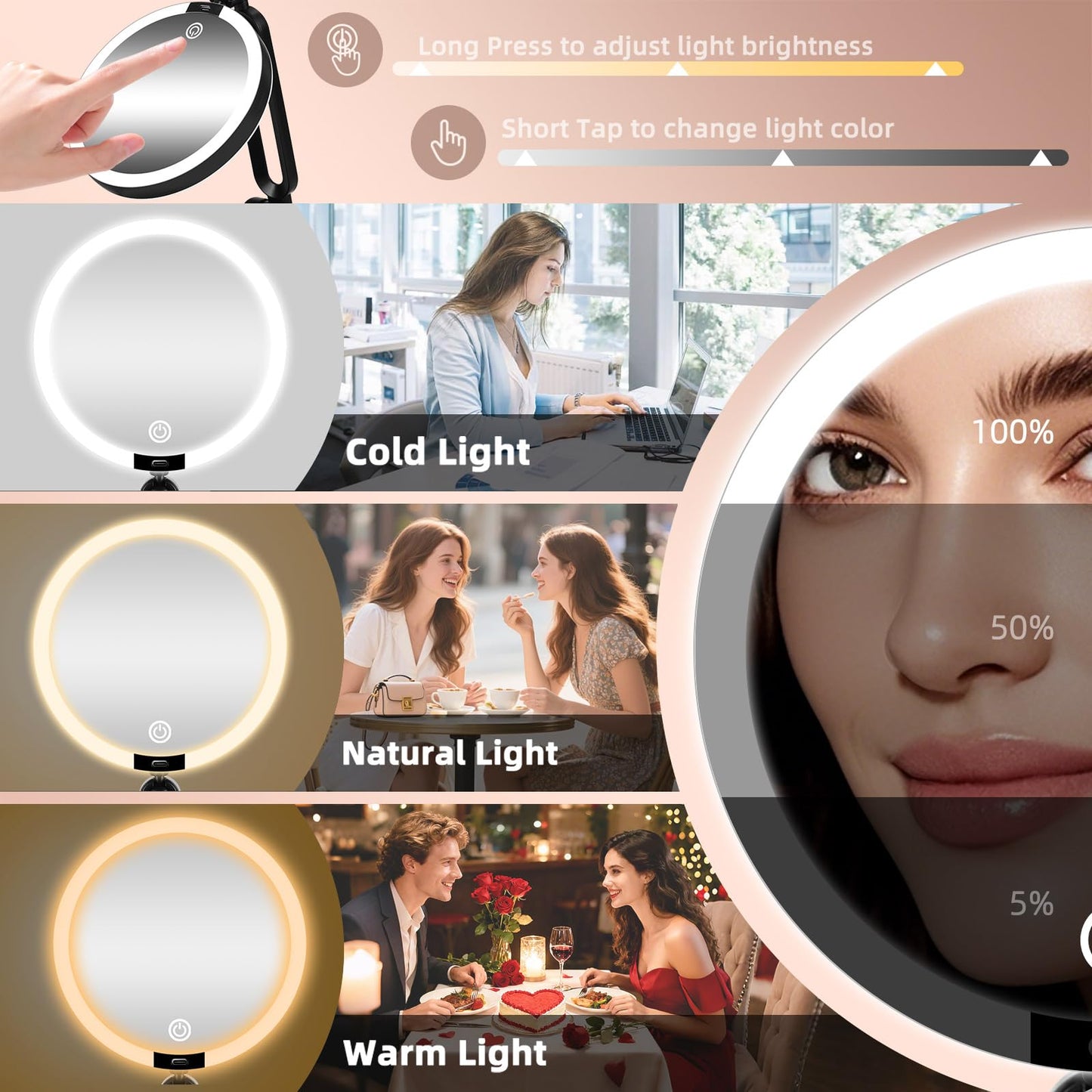 Travel Makeup Mirror with Lights,6" Portable Lighted Vanity Mirrors for Desk/Travel,1X+40X Double Sided Dimming LED Mirror with Adjustable Foldable Stand,Powerful Magnifying Only for Details Checking
