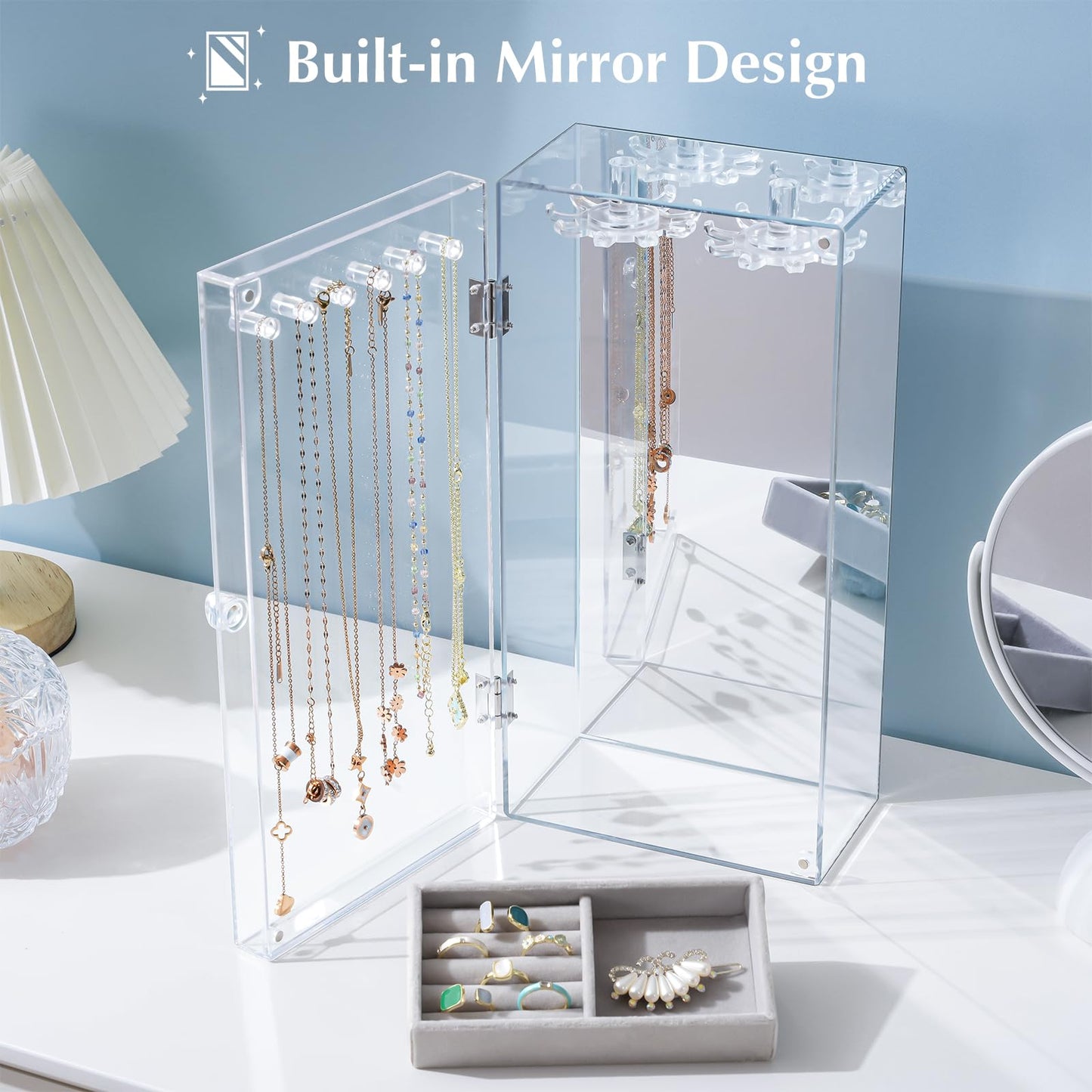Lolalet Necklace Holder Organizer, Acrylic Jewelry Organizer with 24 Hooks, Rotating Clear Necklaces Display Box with Built-in Mirror, Dust-proof Jewelry Storage Case with Velvet Tray -Clearmirror