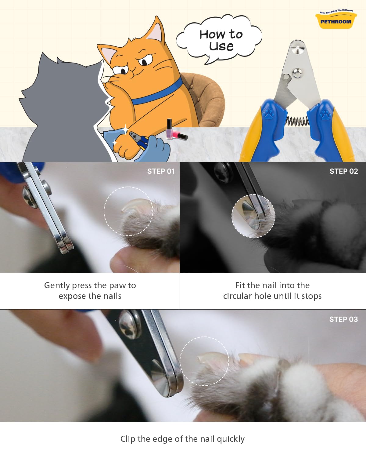 [PETHROOM] Cat Nail Clipper Trimmer for Indoor Cats with Circular Cut Hole (2mm) | Premium Sturdy Stainless Steel Blade Cat Claw | Safe, Easy, Accurate, Quiet & Fast | Avoid Overcutting