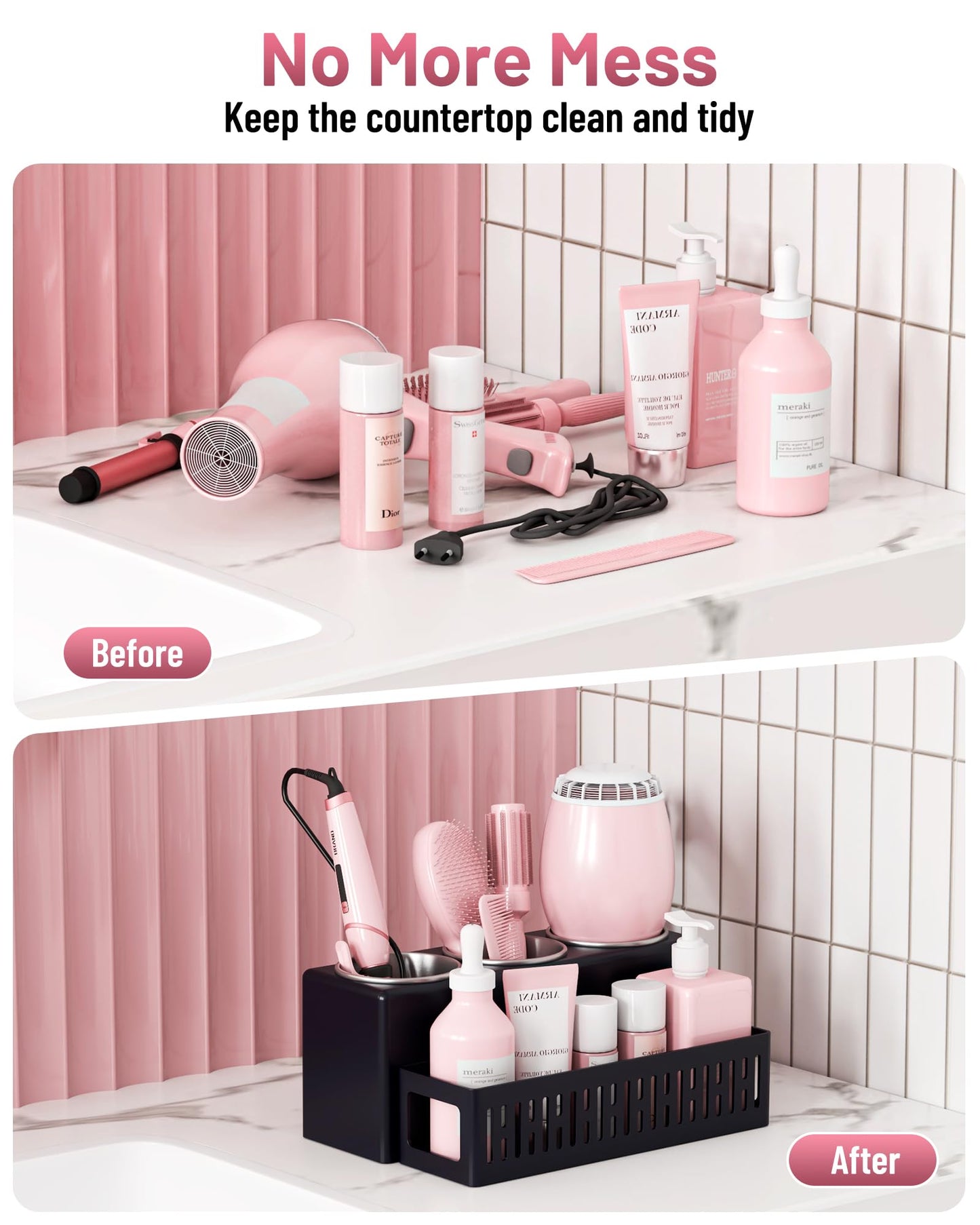 LATTYSY Hair Tool Organizer, Detachable Hair Dryer Holder with 3 Stainless Steel Cups, Wall Mounted Bathroom Organizers and Storage for Accessories, Curling Irons, Straighteners, Toiletries, Makeup
