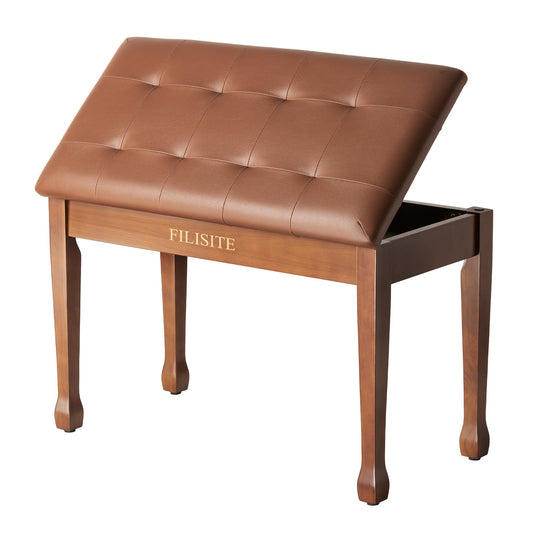 FILISITE Duet Piano Bench with Storage, Wooden Piano Stool with Waterproof Padded Cushion, Bench Seat for Vanity, Living Room, Bedroom (Light Brown)
