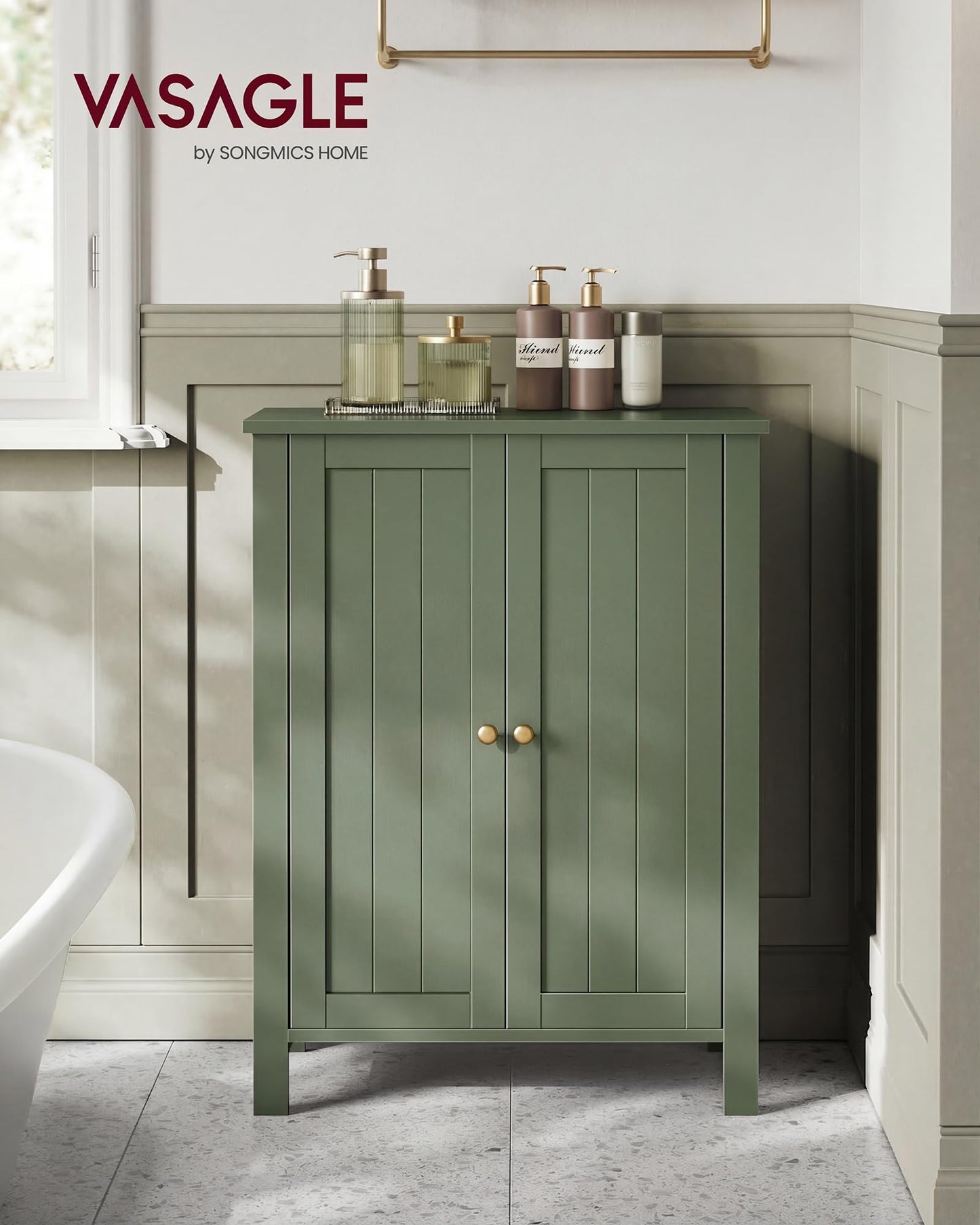 VASAGLE Bathroom Floor Storage Cabinet, Bathroom Storage Unit with 2 Adjustable Shelves, Bathroom Cabinet Freestanding, 30 x 60 x 80 cm, Forest Green UBCB060C01V1