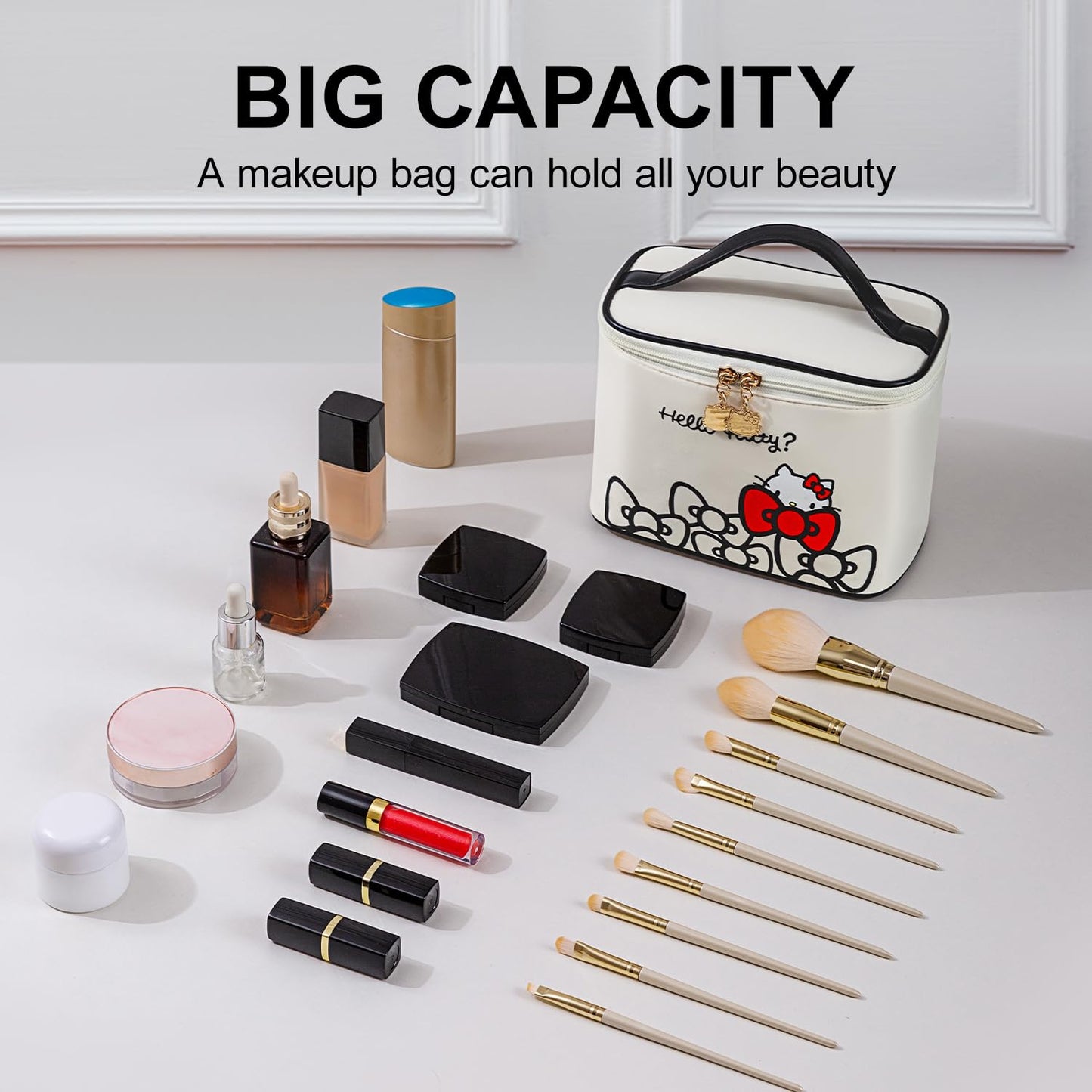 Vimanllie Makeup Bag Large Waterproof Cosmetic Bag with Dedicated Brush Holder,Cute Printed Makeup Organizer for Women Traveling,Portable Toiletry Bag for Girls