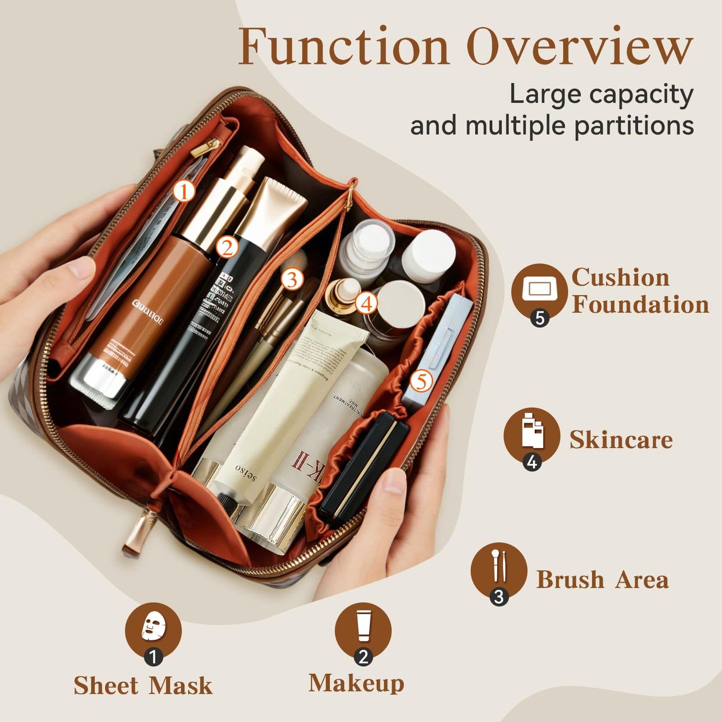 IDELCHOIS Travel Makeup Bag Large Capacity Cosmetic Bags for Women, Waterproof Toiletry Bag Open Flat Makeup Bag with Compartments and Handle, Portable Cosmetic Organizer Pouch, Diamond Brown