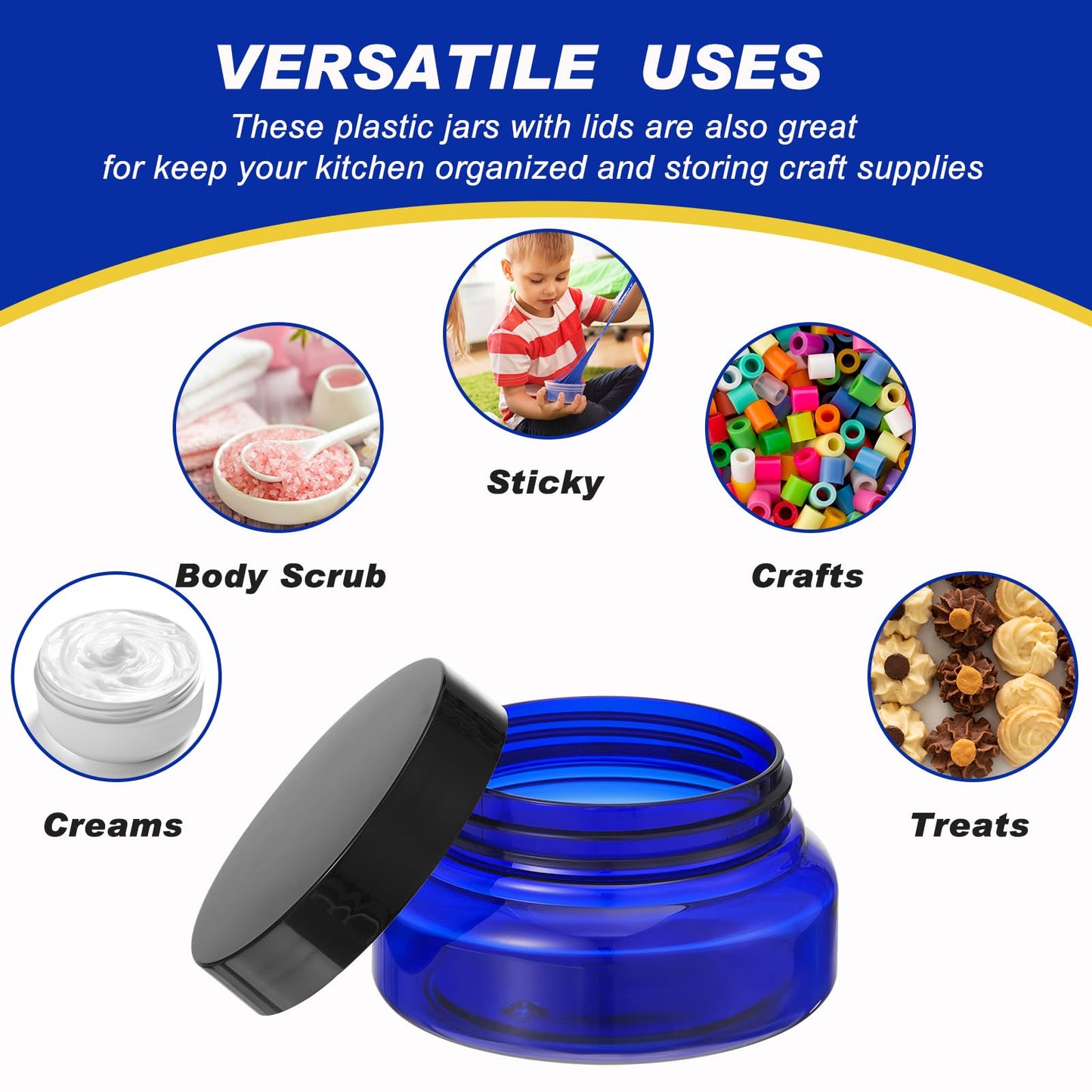 Tessco for you 24 Pack Plastic Jars with Lids Labels Multiuse Slime Containers Empty Body Scrub Jars Round Refillable Cosmetic Body Butter Container for Makeup (5 oz,Blue,Black)