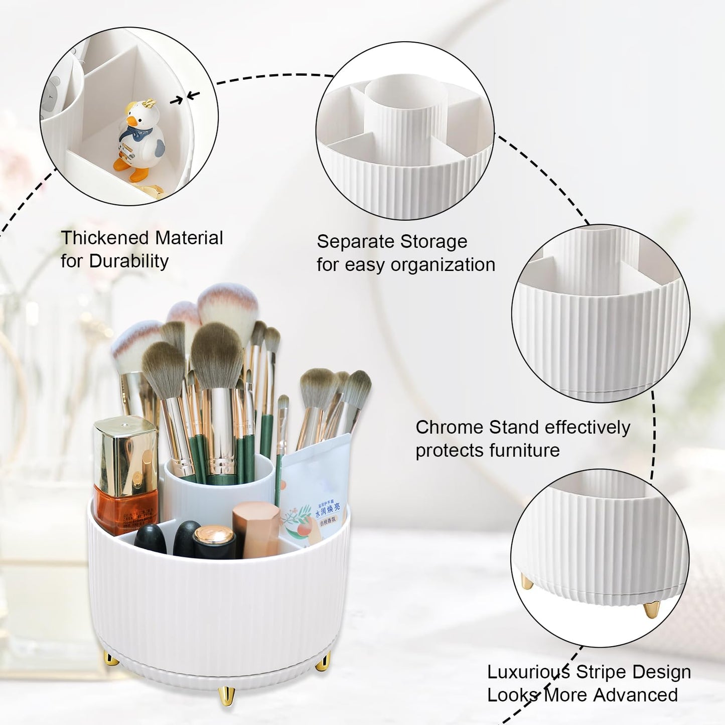 Makeup Brushes Holder Organizer,360° Rotating Cosmetic display cases with 5 compartment Cosmetic and Skincare Organizers,Multi-Purpose Makeup Brush Holder for Bathroom Vanity Desktop Decor