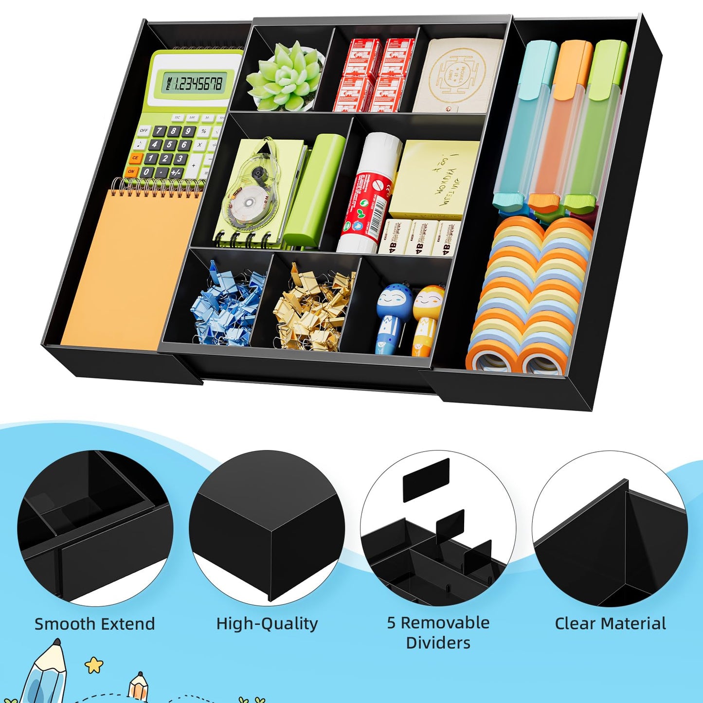 Marbrasse Expandable Desk Drawer Organizer, Clear Plastic Drawer Organizer Tray with 10 Adjustable Compartments, Desk Organizers and Accessories, 5 Drawer Dividers for Office Supplies, Makeup(Black)