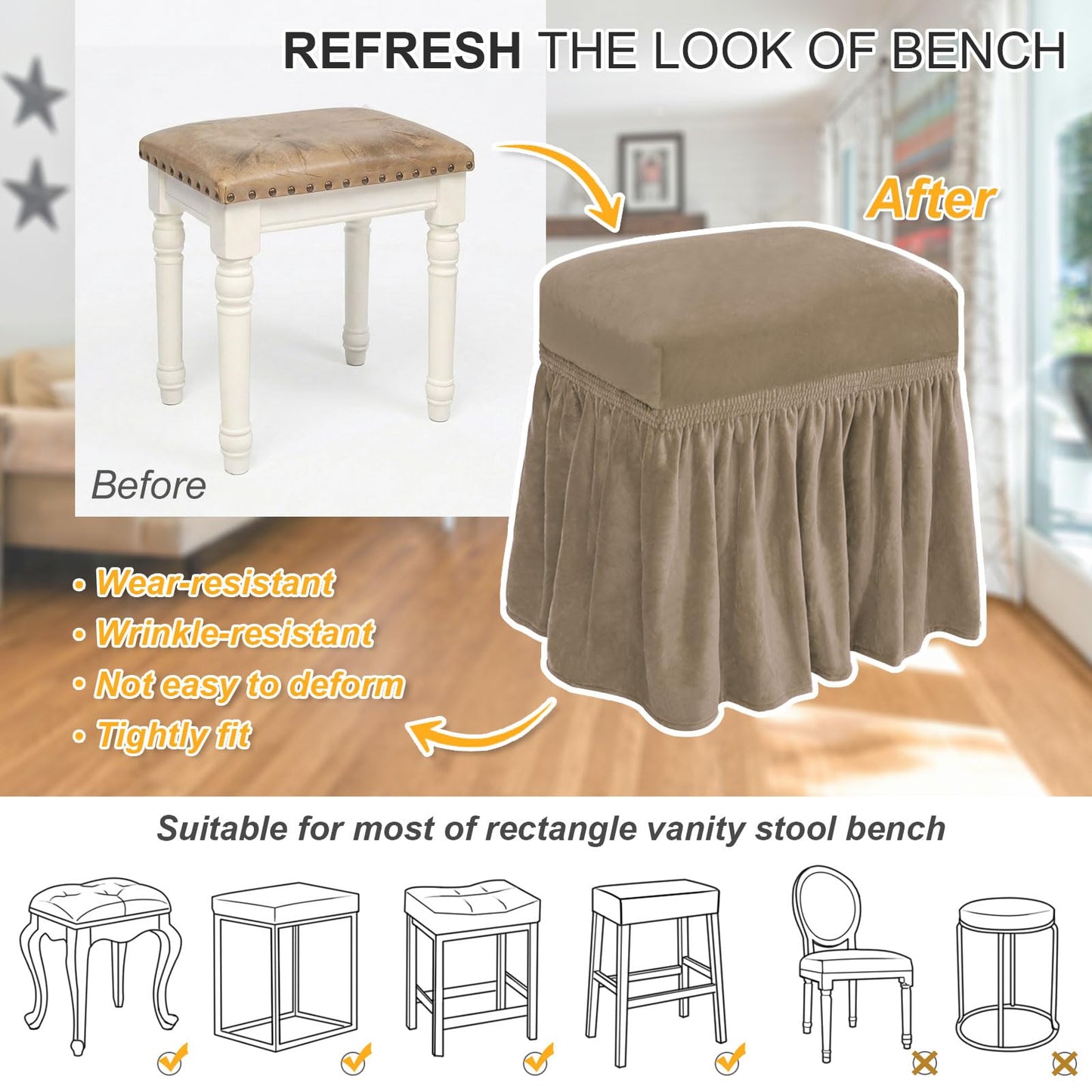 NICEEC Spandex Stretch Vanity Bench Cover with Skirt Removable Super Soft Rectangle Bench Slipcover Washable Bench Cushion Seat Covers for Living Room Bedroom Kitchen(Coffee)