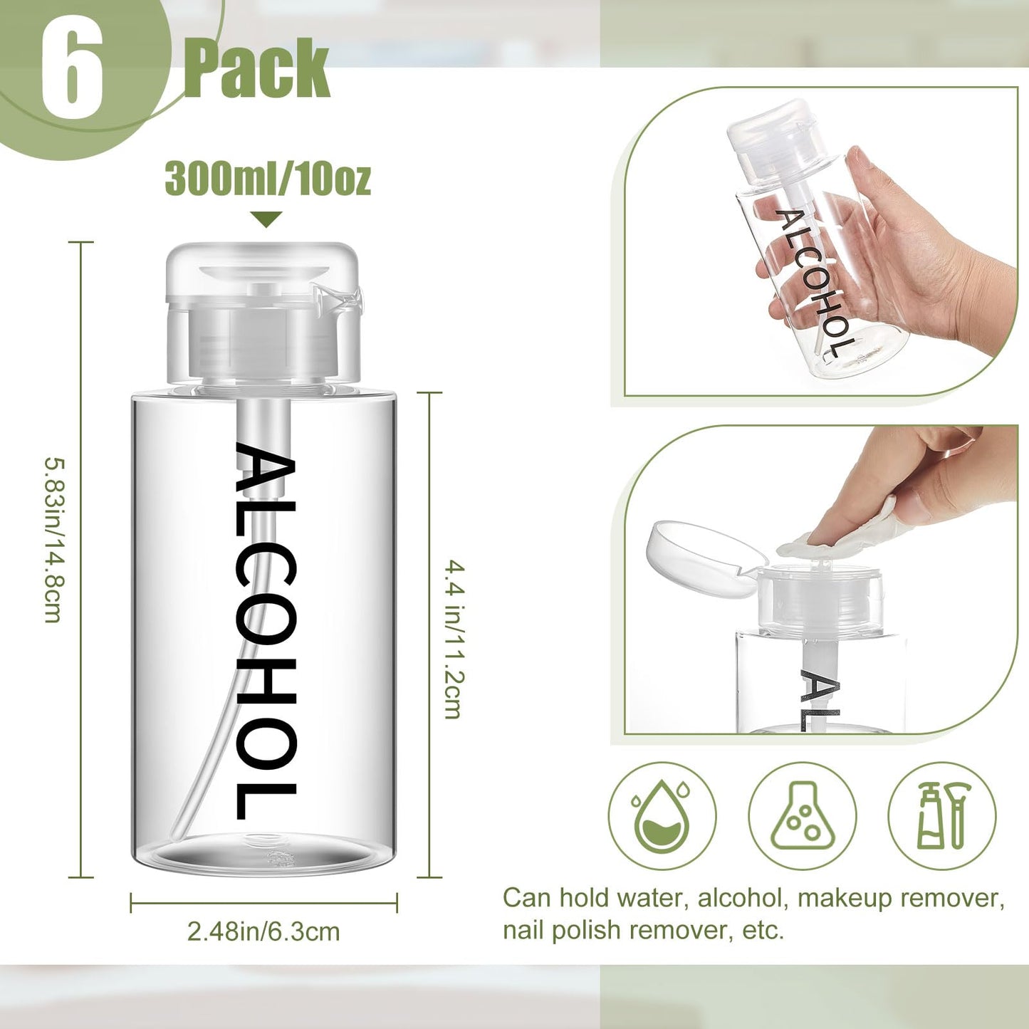 Layhit 6 Pcs 10 oz Alcohol Pump Dispenser Bottles Alcohol Push Down Liquid Dispenser Empty Pumping Bottle Refillable Cosmetic Container for Personal, Salon, Nail Care (Clear Cap + Clear Bottle)