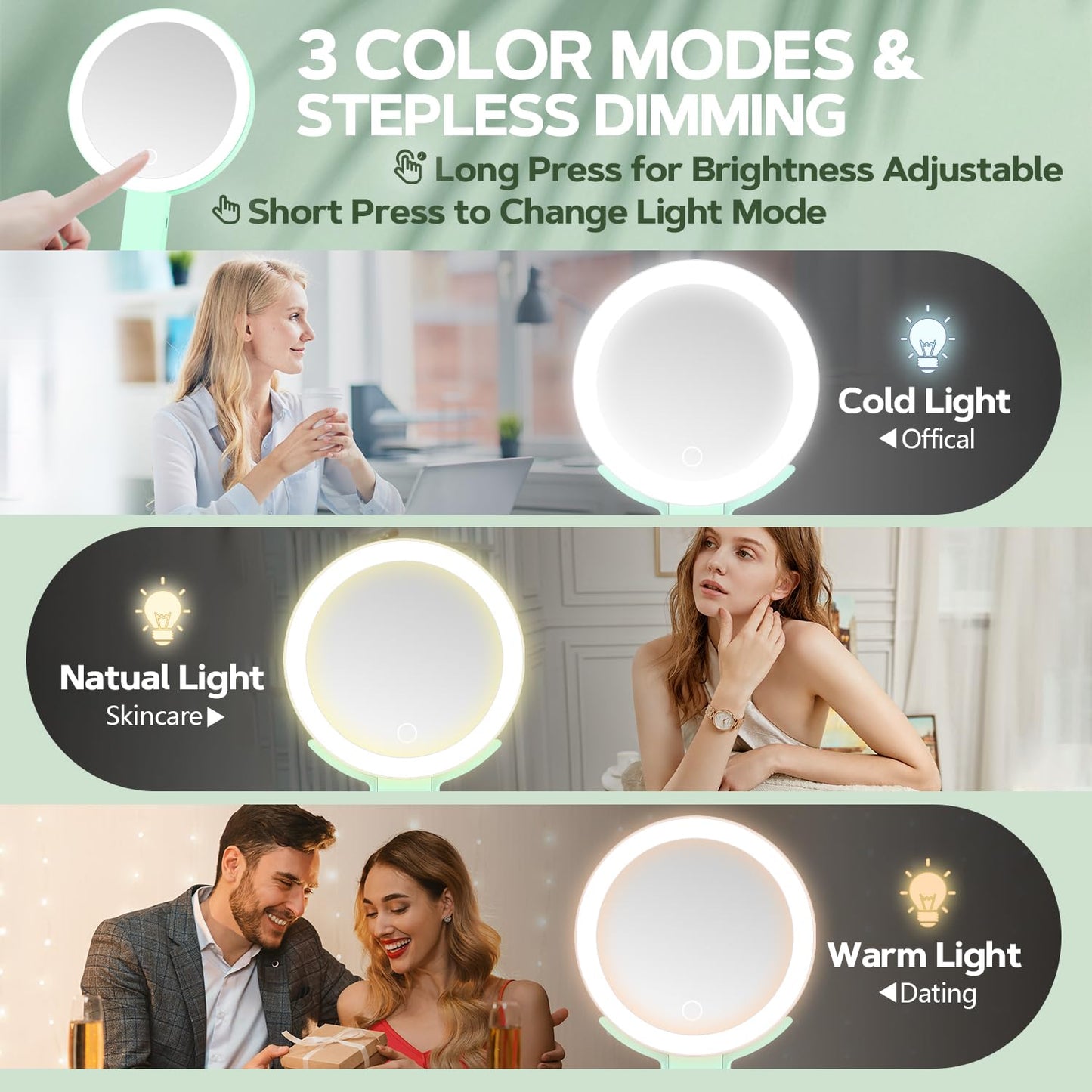 MIYADIVA Lighted Makeup Mirror, 30X Magnifying Mirror with Light, Hanging and Handheld Mirror with Handle, Green