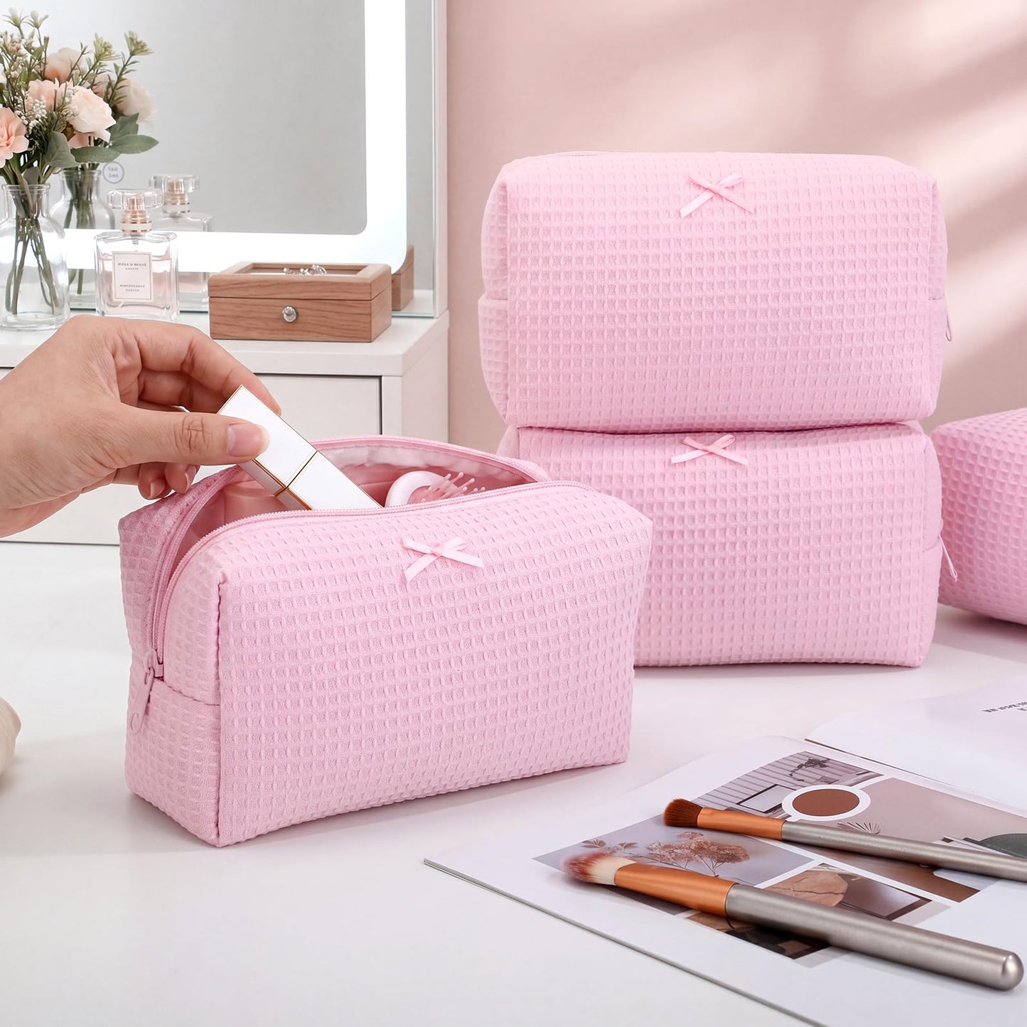 Gilprop 6 Pcs Makeup Bag Gifts for Women Cute Aesthetic Cozy Portable Travel Waffle Toiletry Bag Soft Wedding Cosmetic Organizer Summer Large Zipper Pouch with Zipper for Bridesmaid Friend(Pink)