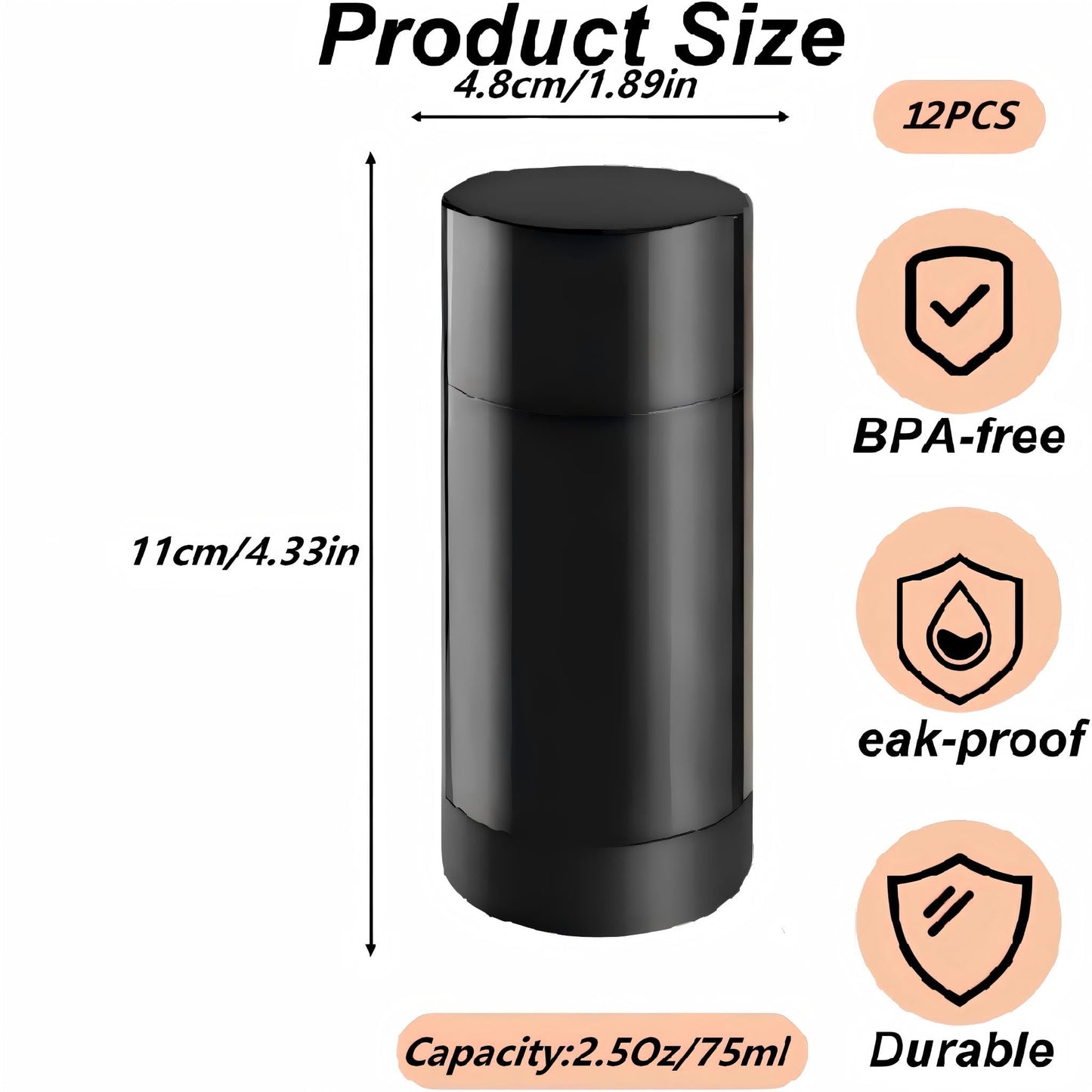 meleg otthon 12 Pcs Empty Deodorant Containers 2.5oz/75ml Twist Up Refillable Deodrant Containers Leak Proof Black Deodorant Bottles Round Lip Balm Tubes for DIY Lipstick Crayon