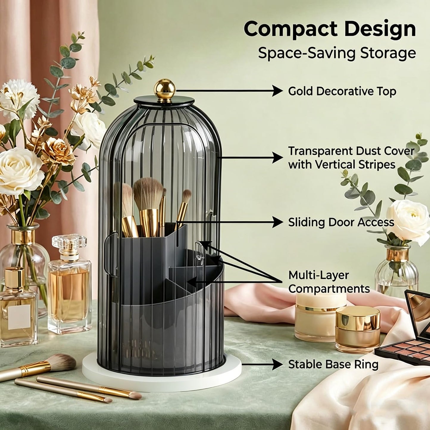 sagact Makeup Brush Holder with Lid 360° Rotating 3-Compartment Makeup Organizers for Vanity, Waterproof & Dustproof Cosmetic Storage Box for Dressing Table (Transparent Black)