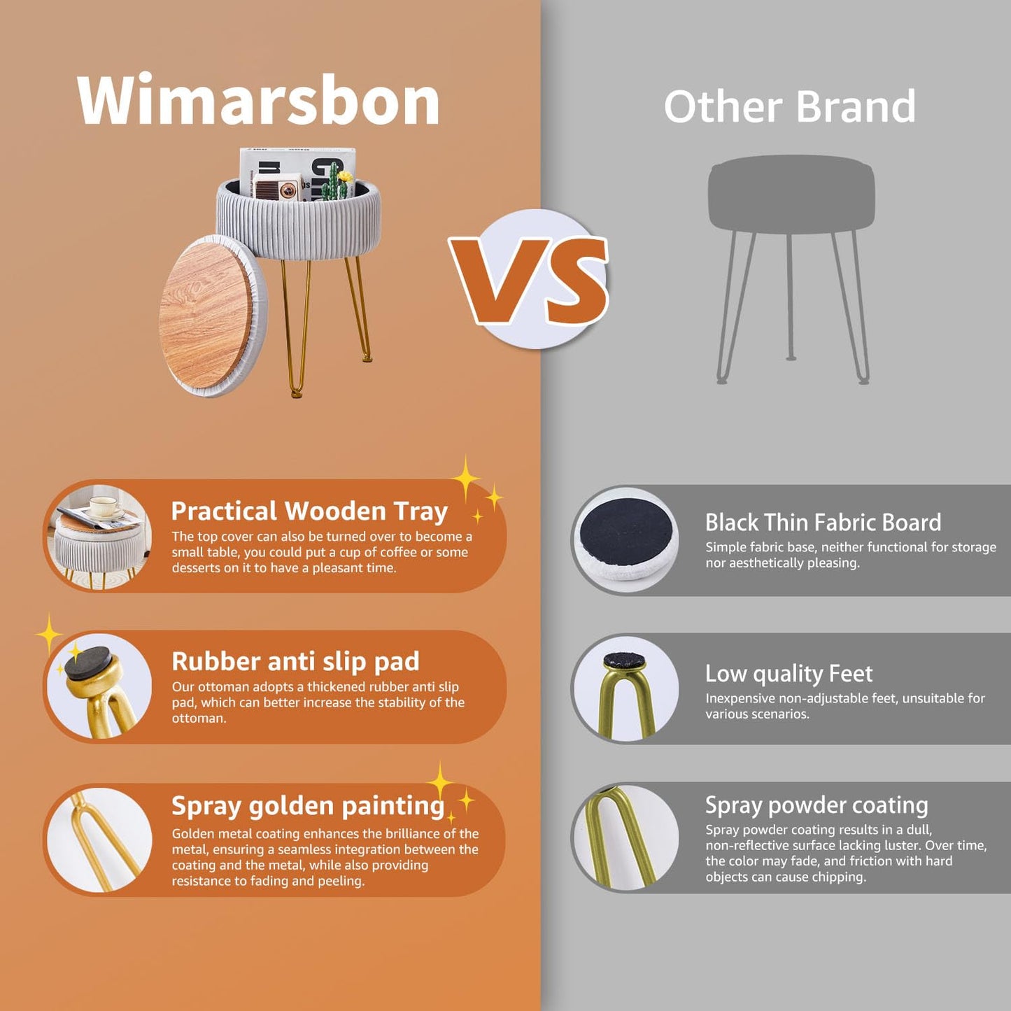 Wimarsbon Vanity Stool Vanity Chair with Storage, Velvet Makeup Stool, Soft Ottoman with Anti-Slip Feet, Furry Padded Seat for Makeup, Bedroom Black