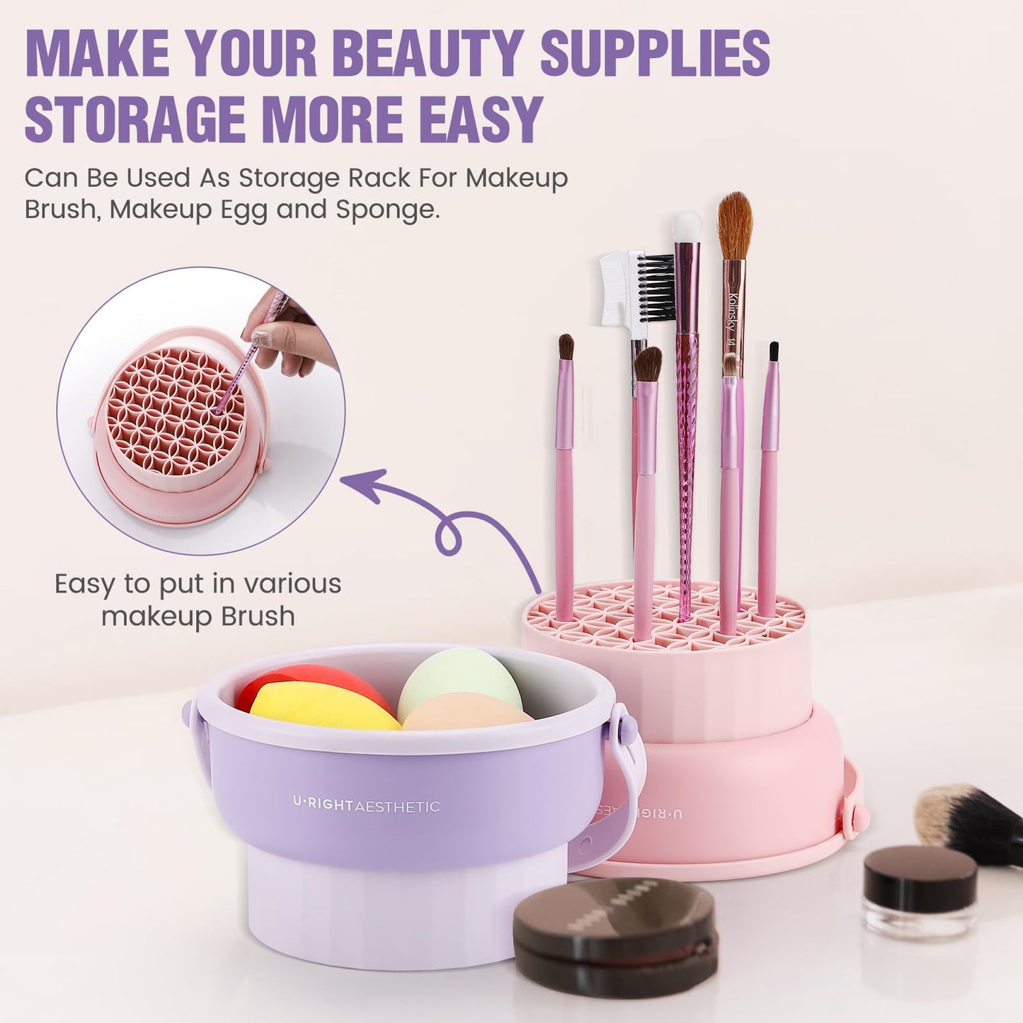 GOLIKEE 2 Pack Makeup Brush Cleaner Mat 3 in 1 Silicone Makeup Brush Cleaning Bowl Makeup Brush Sponge Scrubber Tool for Cleaning, Storage and Upside Down Drying, (Two Purple)