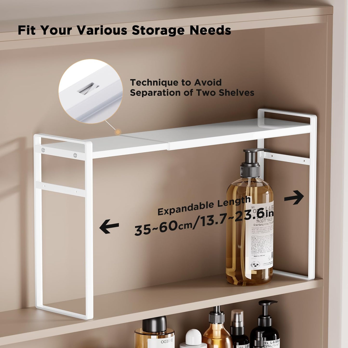 Expandable Medicine Cabinet Organizer, White Heavy-Duty Metal Adjustable Shelf Trays for Bathroom, Kitchen, Narrow Spaces, Space-Saving Storage Solution for Mirror Cabinets, Vanities, and Countertops