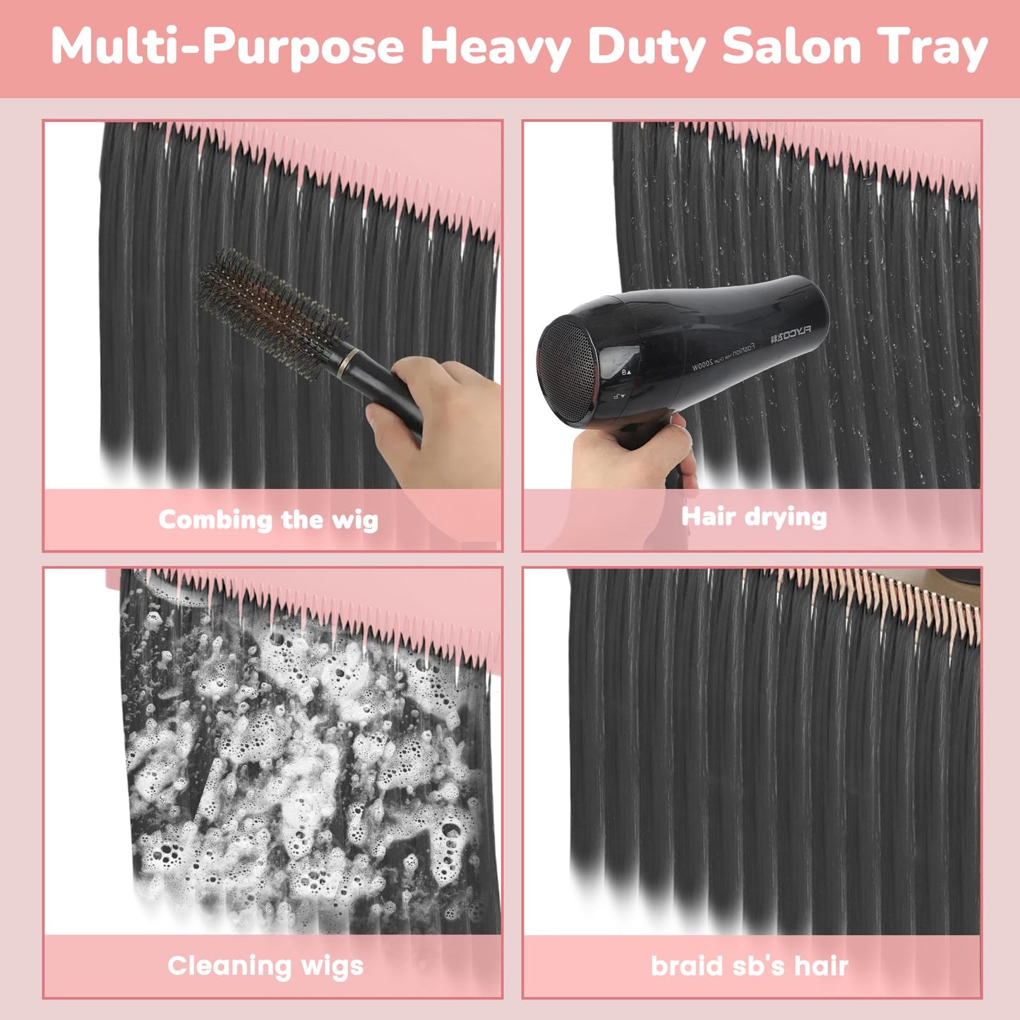 LKT COBTAC Extension Salon Tray Hair Extension Cart Tray Pink Multi-Function Extensions Rolling Tray with Blow Dryer Holder and Storage Platform