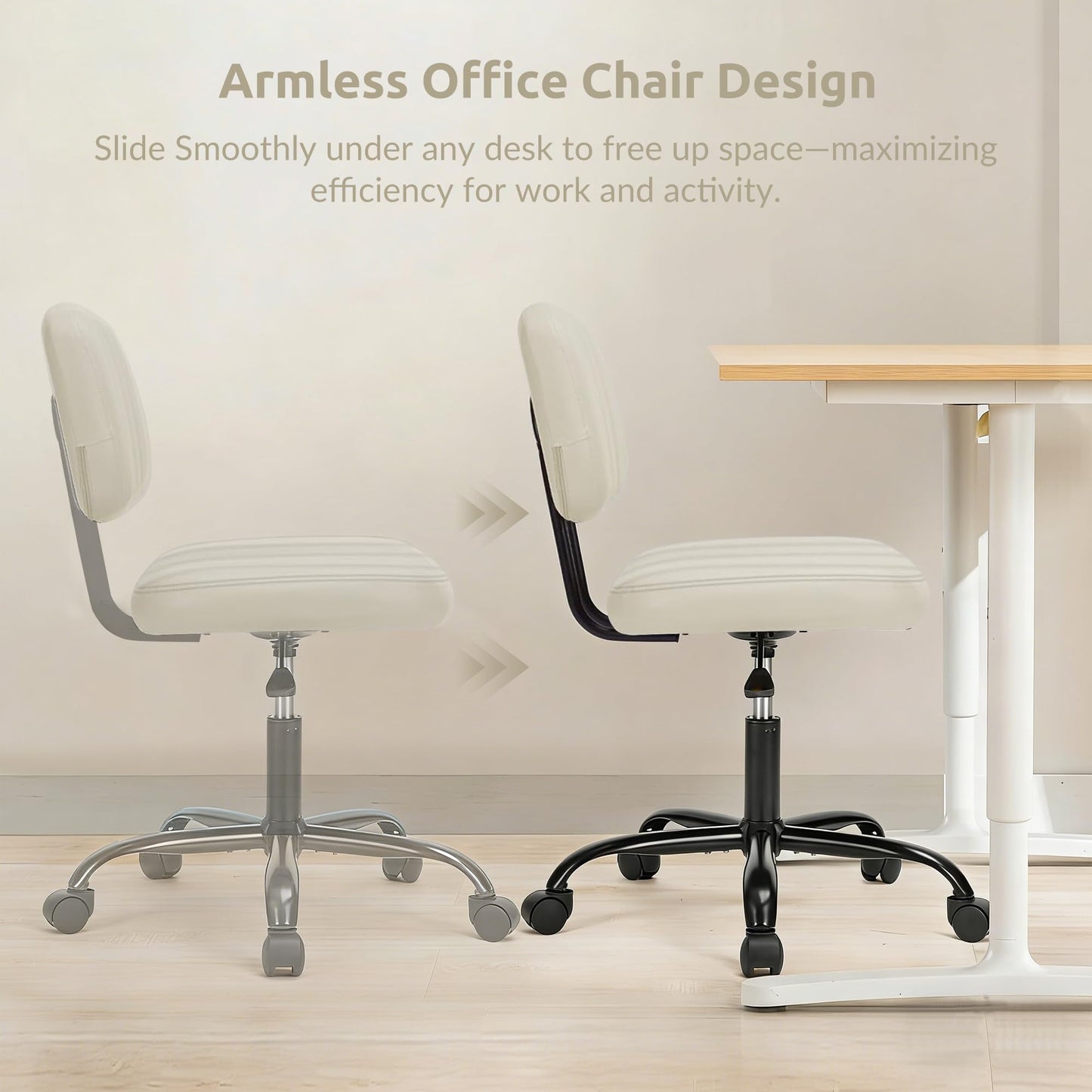 Swivel Rolling Office Chair, Armless Pu Leather Vanity Chair with Back Lumbar Support Height Adjustable Computer Chair, Small Desk Chair for Home Office, Beige White